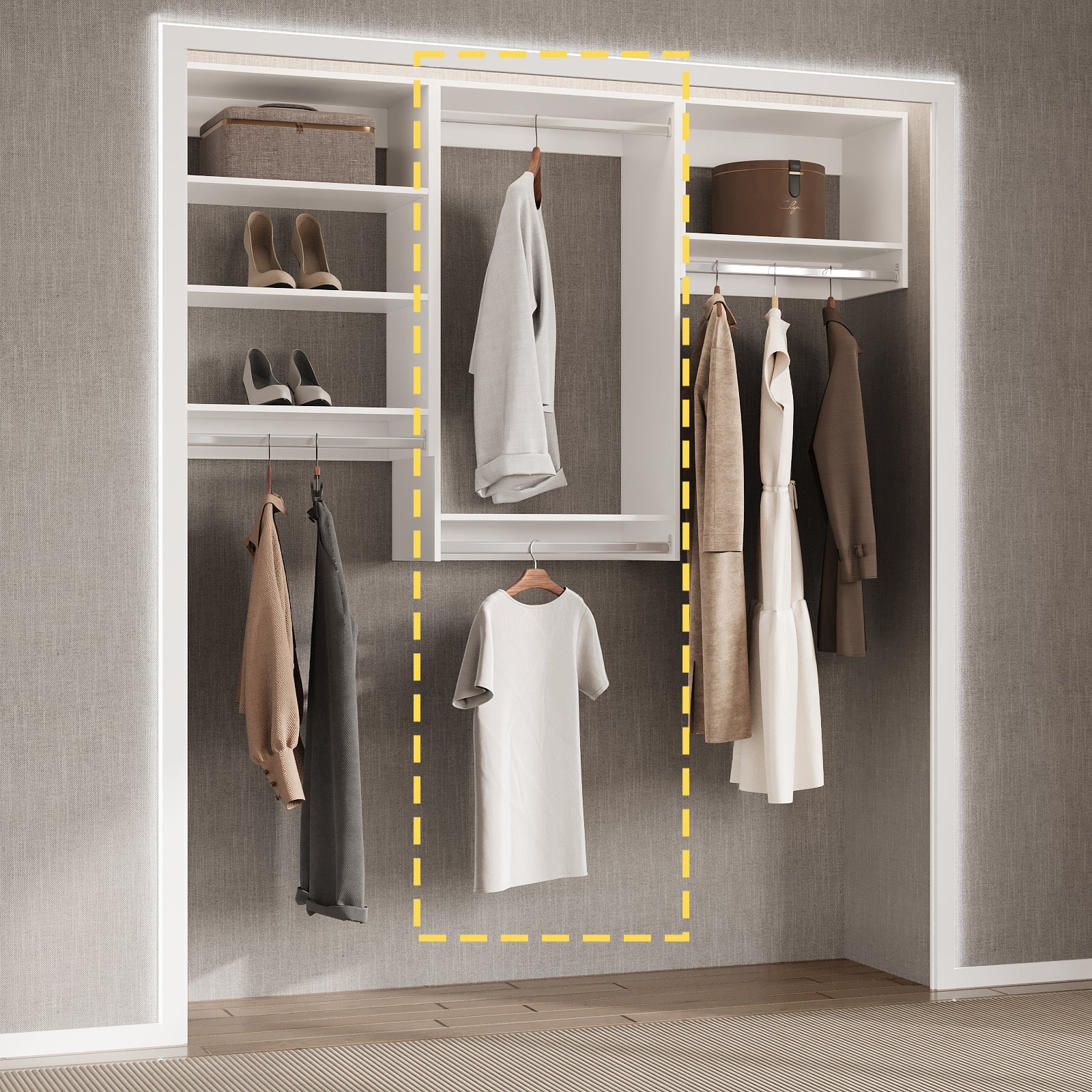 31.5 in. White Walk-in Modular Double Hanging Tower Unit with 1-Shelf, Wall Mount Wood Closet System