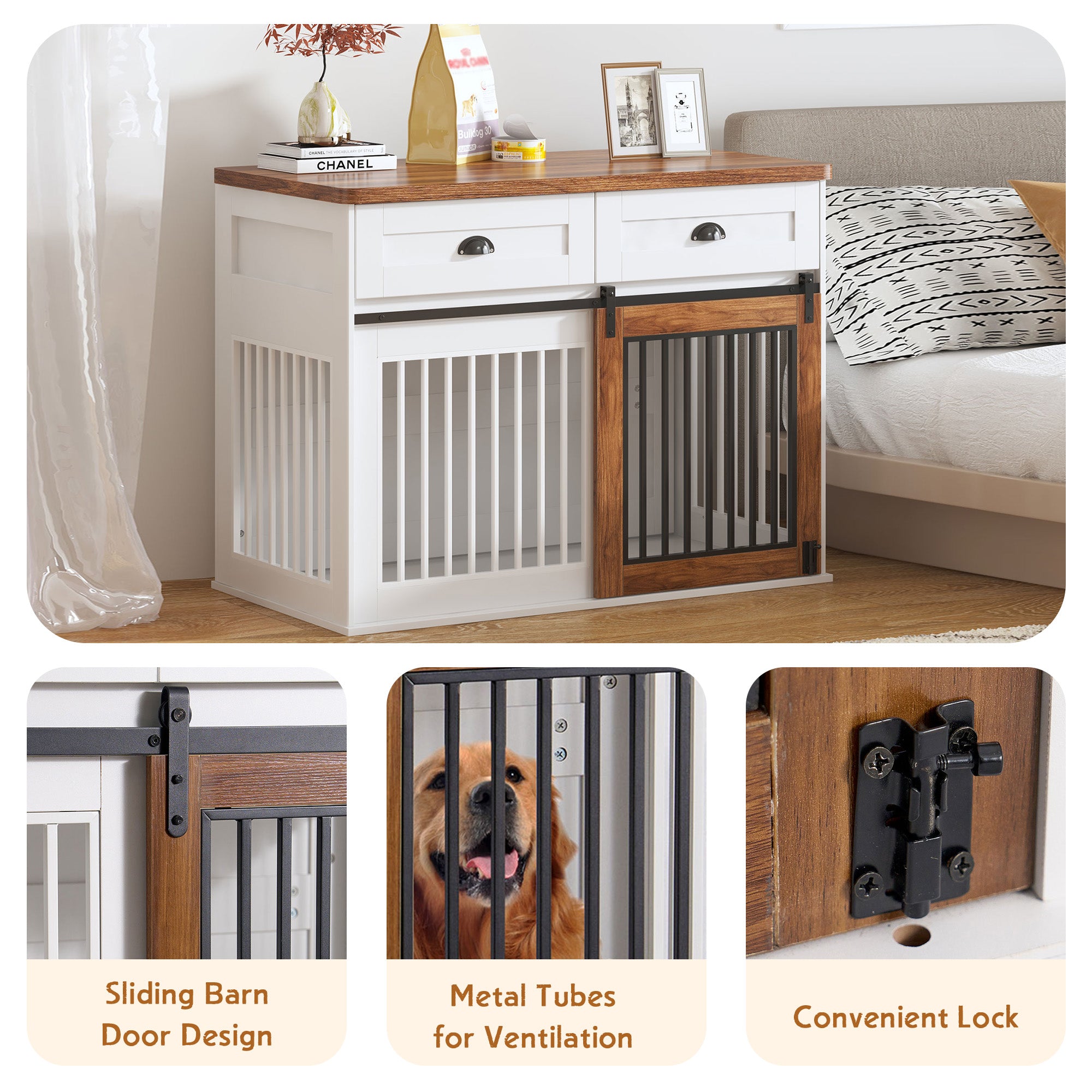 AHCEDARS Heavy Duty Dog Cage for Pets, Suitable for Medium Large Dogs, Cedar Furniture Style Cage, with Double Door Pet House Wooden Cage, Modern Dog House Furniture Room
