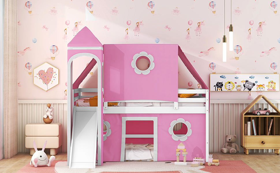 Full Size Bunk Bed with Slide Pink Tent and Tower - Pink