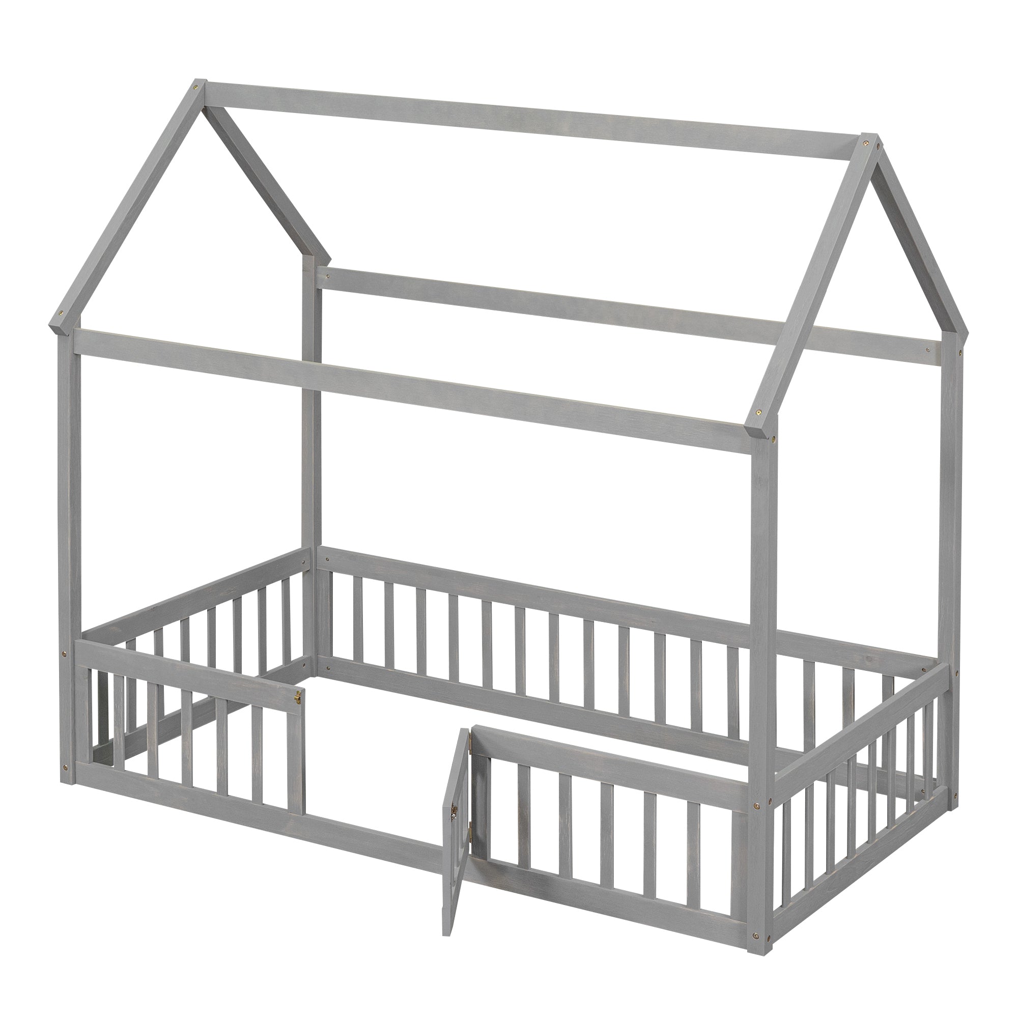 Twin Size Wood House Bed with Fence and Door, Gray Wash