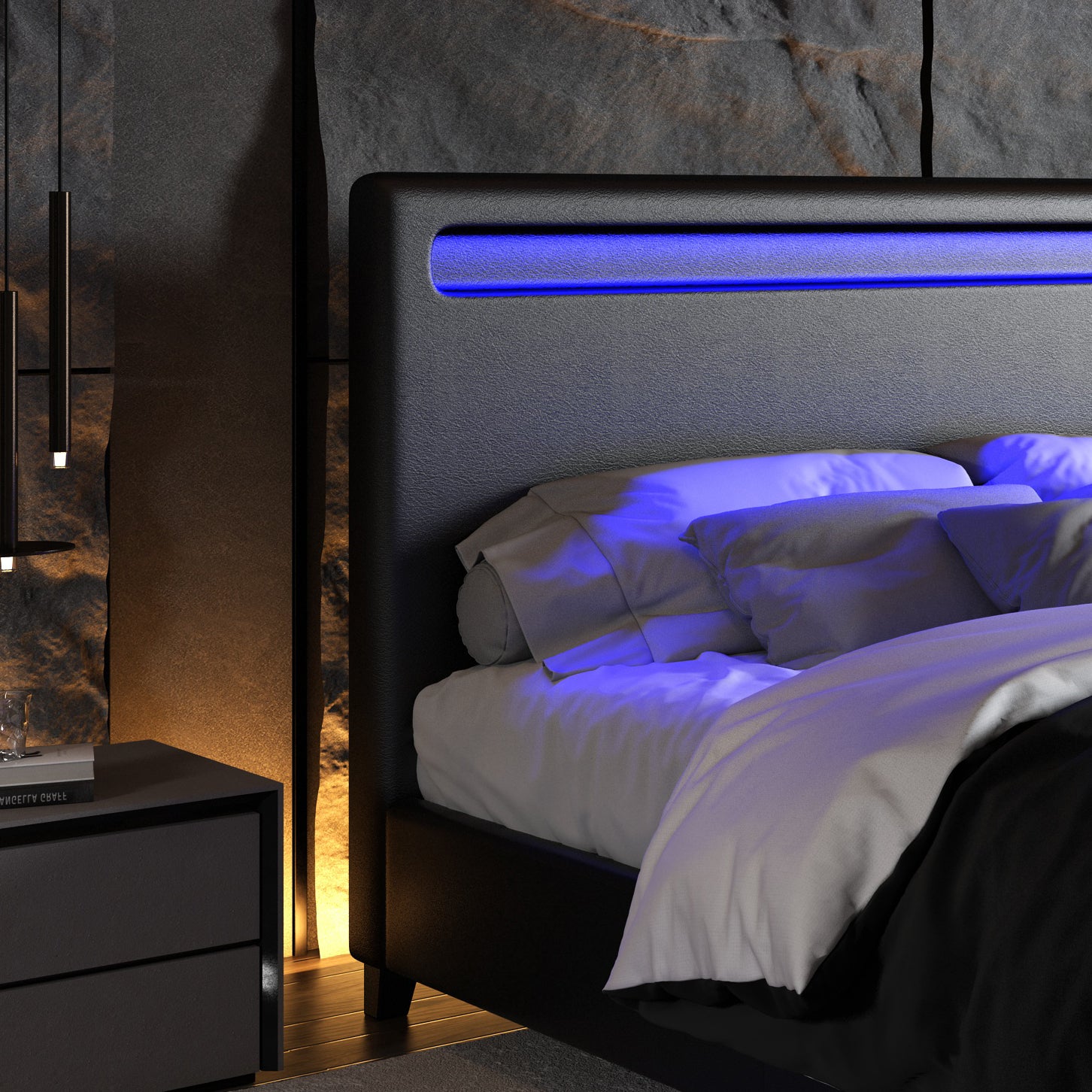 Queen Size Faux Leather Upholstered Platform Bed Frame with LED lighting, Wood Slat Support, No Box Spring Needed, Black