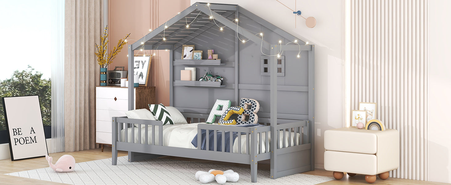 Twin Size House Bed with Shelves, House Bed with Window and  Sparkling Light Strip on the Roof, Gray