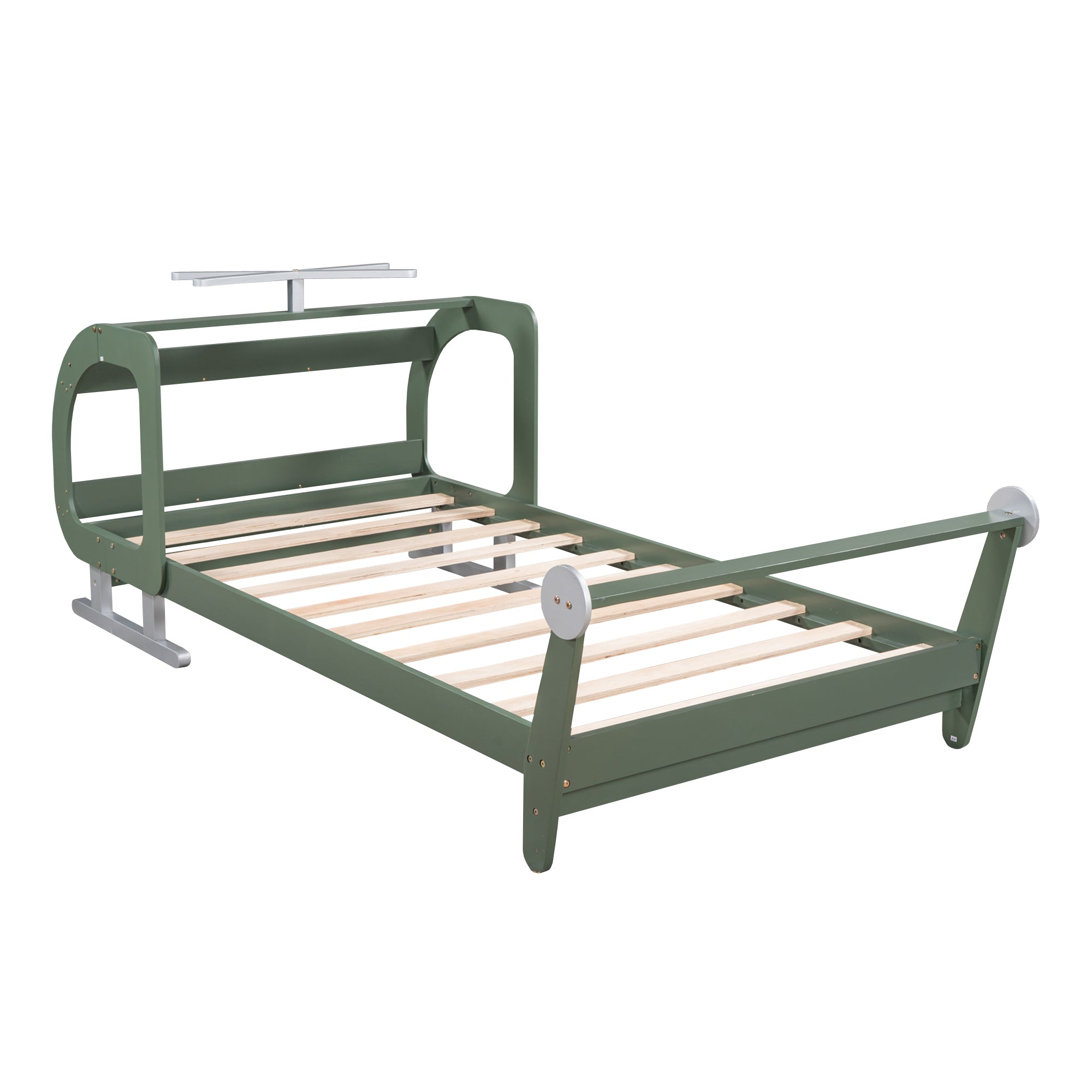 Twin Size Plane Shaped Platform Bed with Rotatable Propeller and Shelves, Green