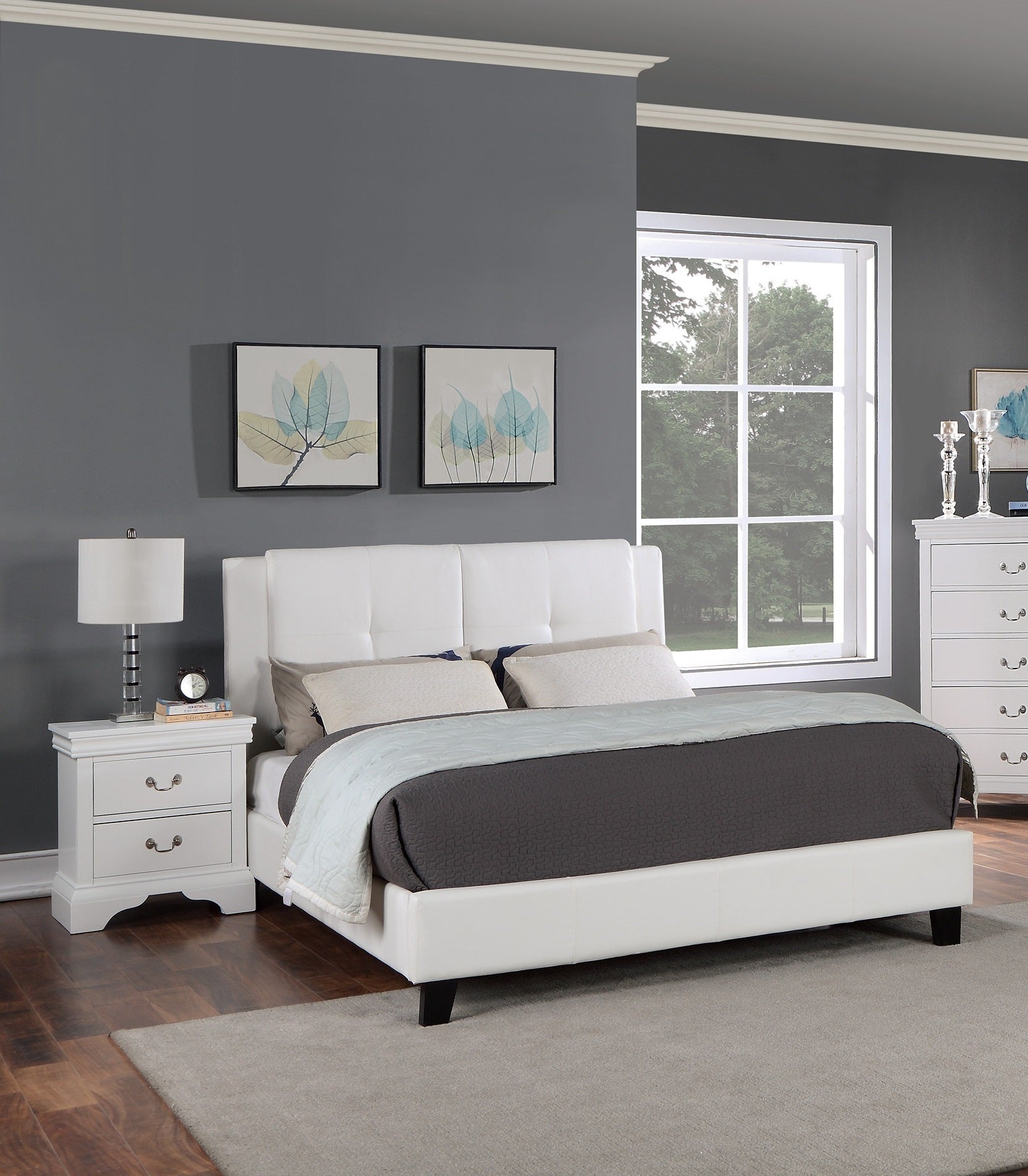 Full Size Bed 1pc  Bed Set White Faux Leather Upholstered Tufted Bed Frame Headboard Bedroom Furniture
