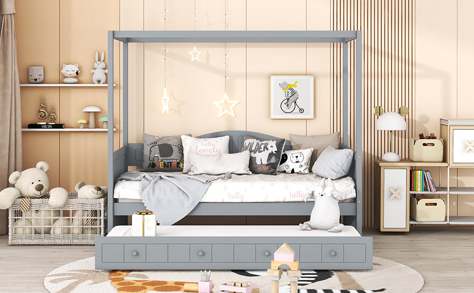 Twin Size Canopy Day Bed with twin size Trundle, Gray