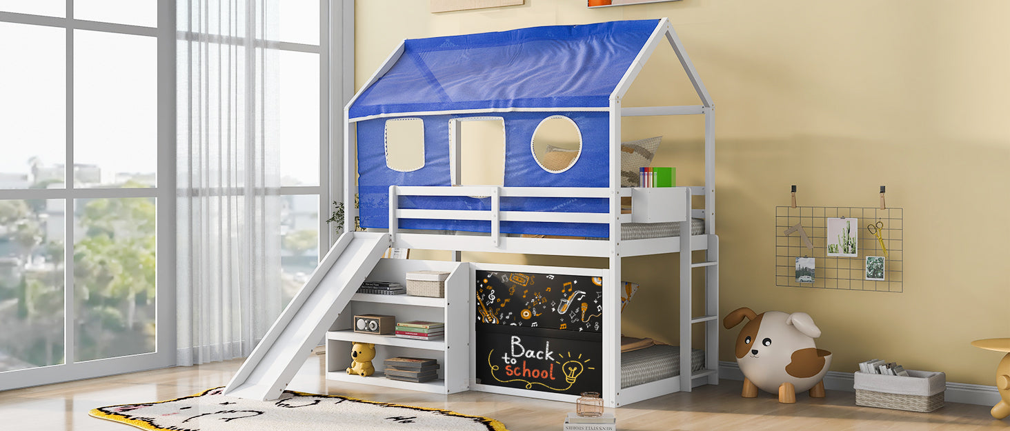 Twin over Twin House Bunk Bed with Blue Tent, Slide, Shelves and Blackboard, White