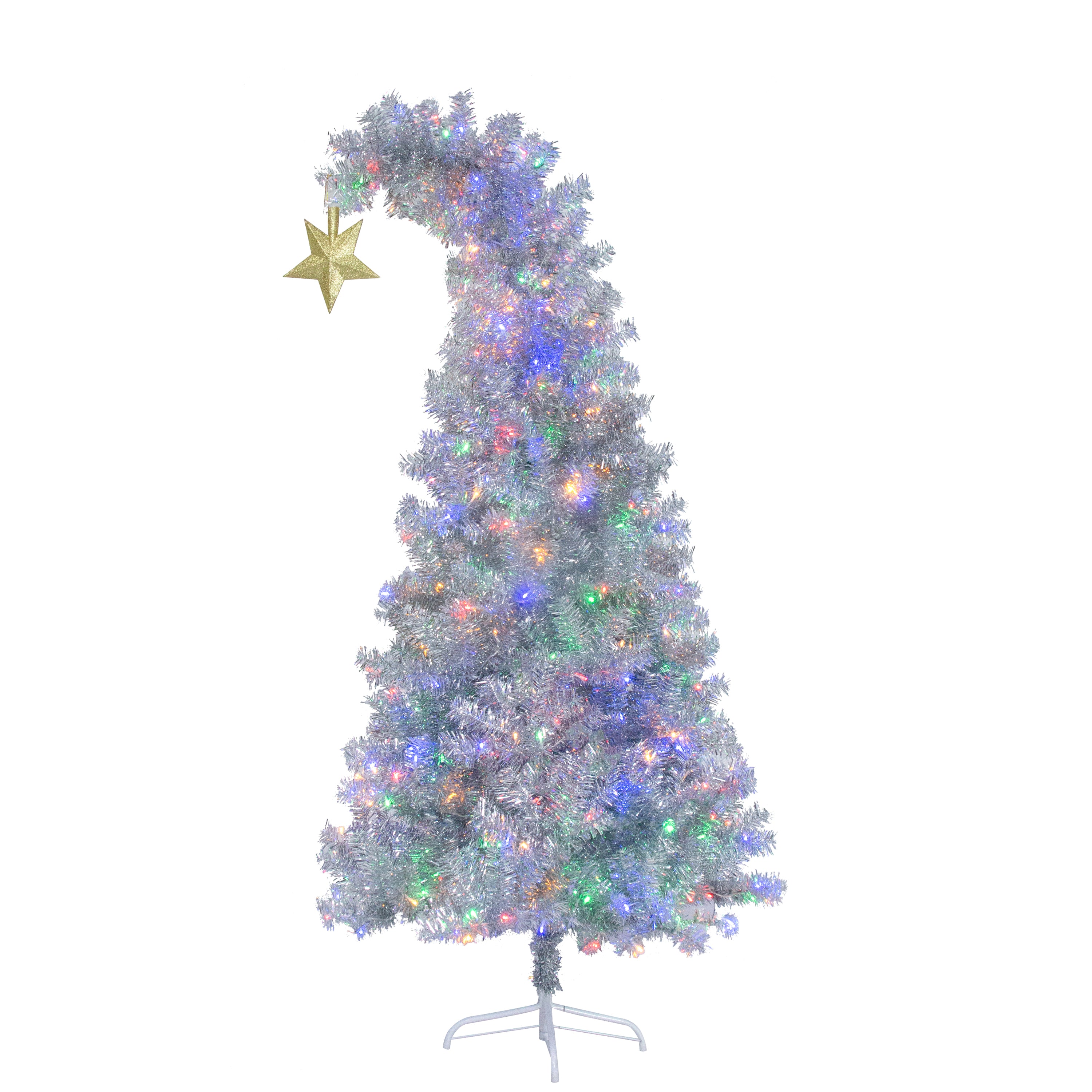6 FT Fir Bent Top Christmas Tree, Artificial Christmas Tree With Gold Star, 900 Silver Branch Tips, 300 Colorful LED Lights With 8 Flashing Ways