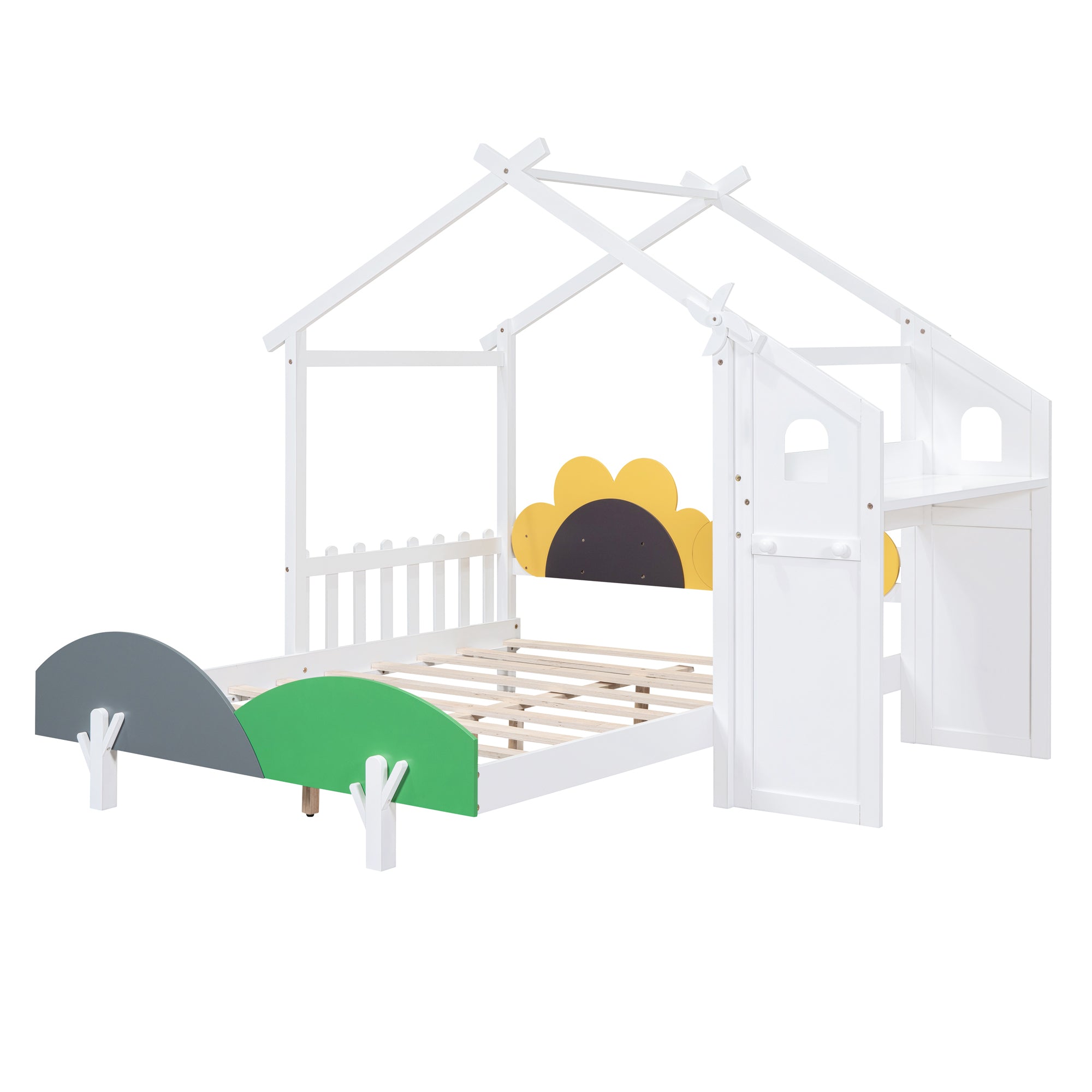 Full Size Platform Bed with Windmill and Flower Decor, House Bed with Desk and two hooks, White
