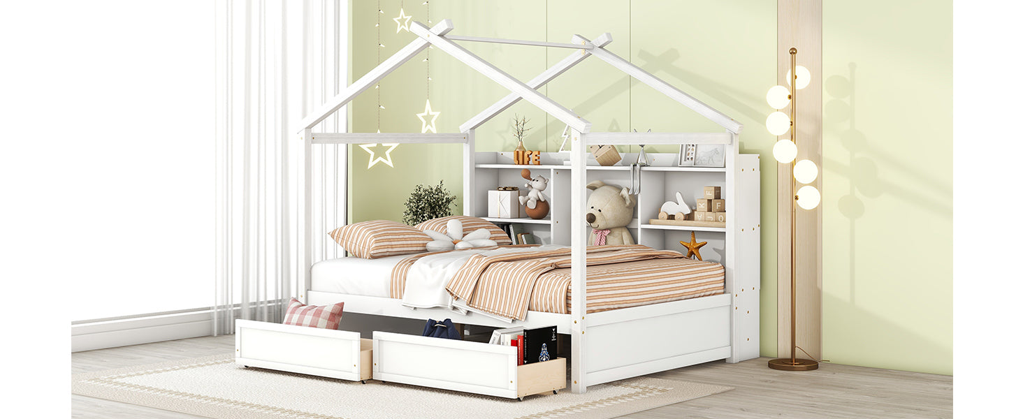 Full Size House Bed with Storage Shelves and 2 Drawers, Brushed White