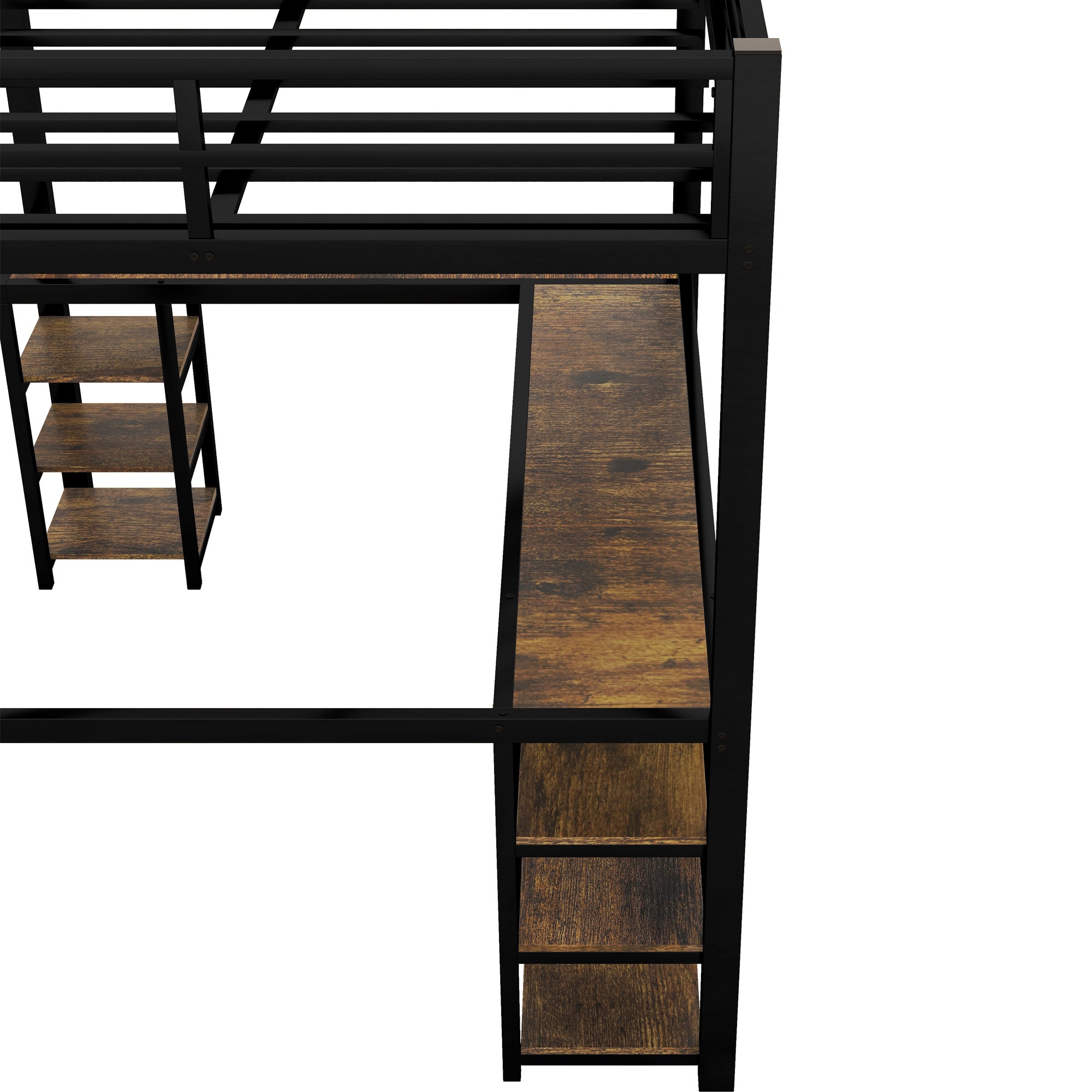 Full Metal Loft Bed with Desk and Shelves, Loft Bed with Ladder and Guardrails, Loft Bed Frame for Bedroom (Black)  (Old SKU: W1307S00009)