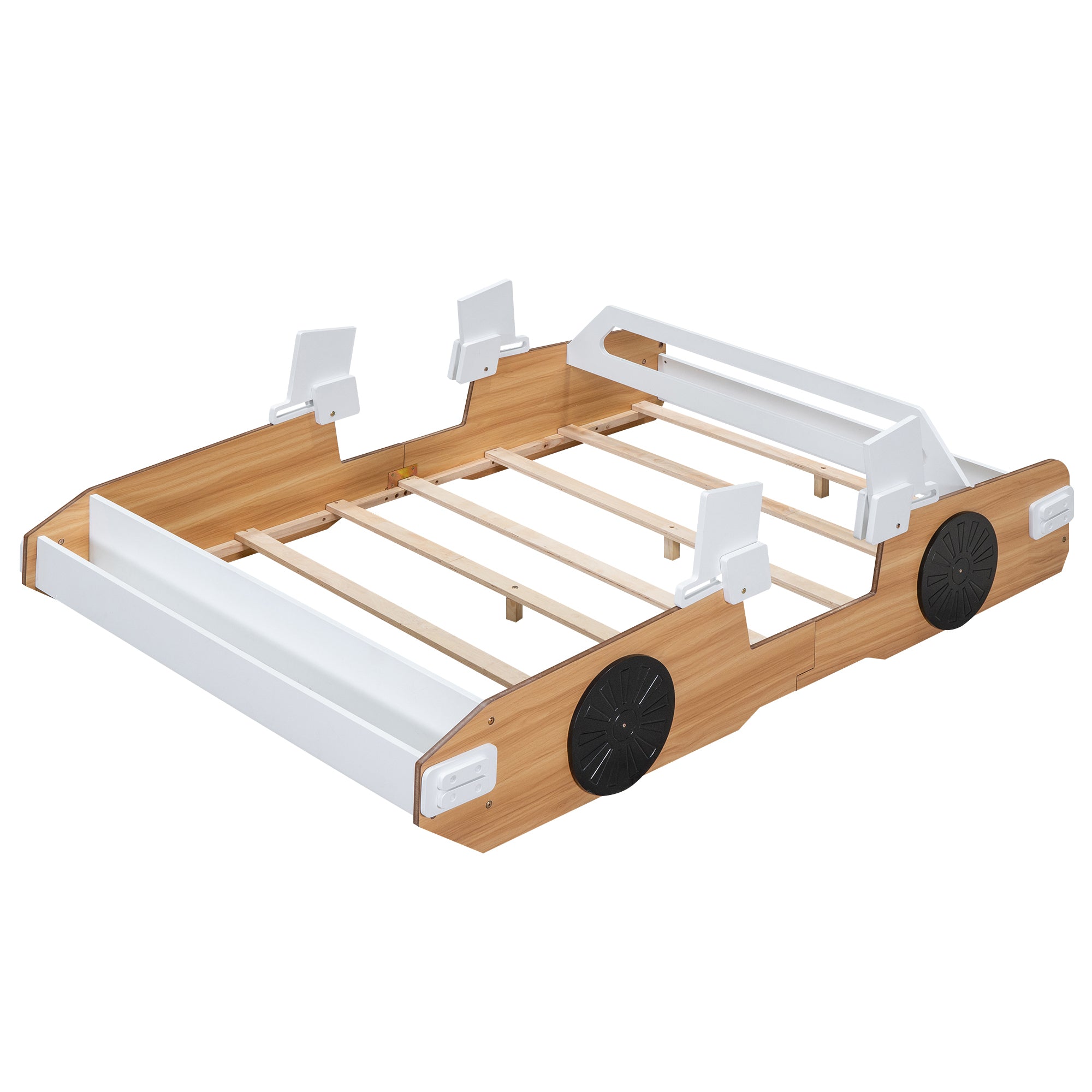 Wood Full Size Racing Car Bed with Door Design and Storage, Natural+White+Black