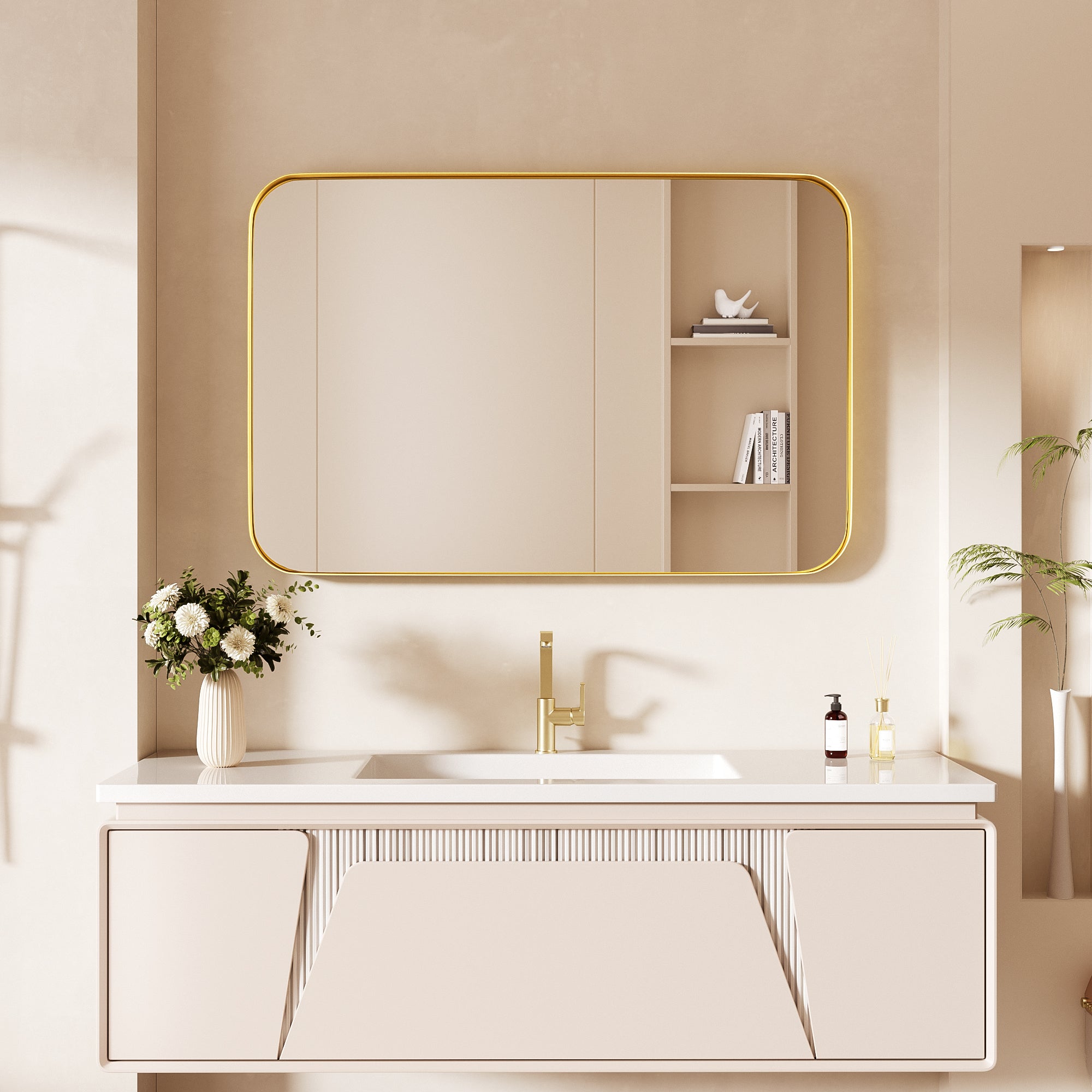 24 in. W x 36 in. H Tempered Glass Rectangular Framed Wall-Mounted Bathroom Vanity Mirror in Gold
