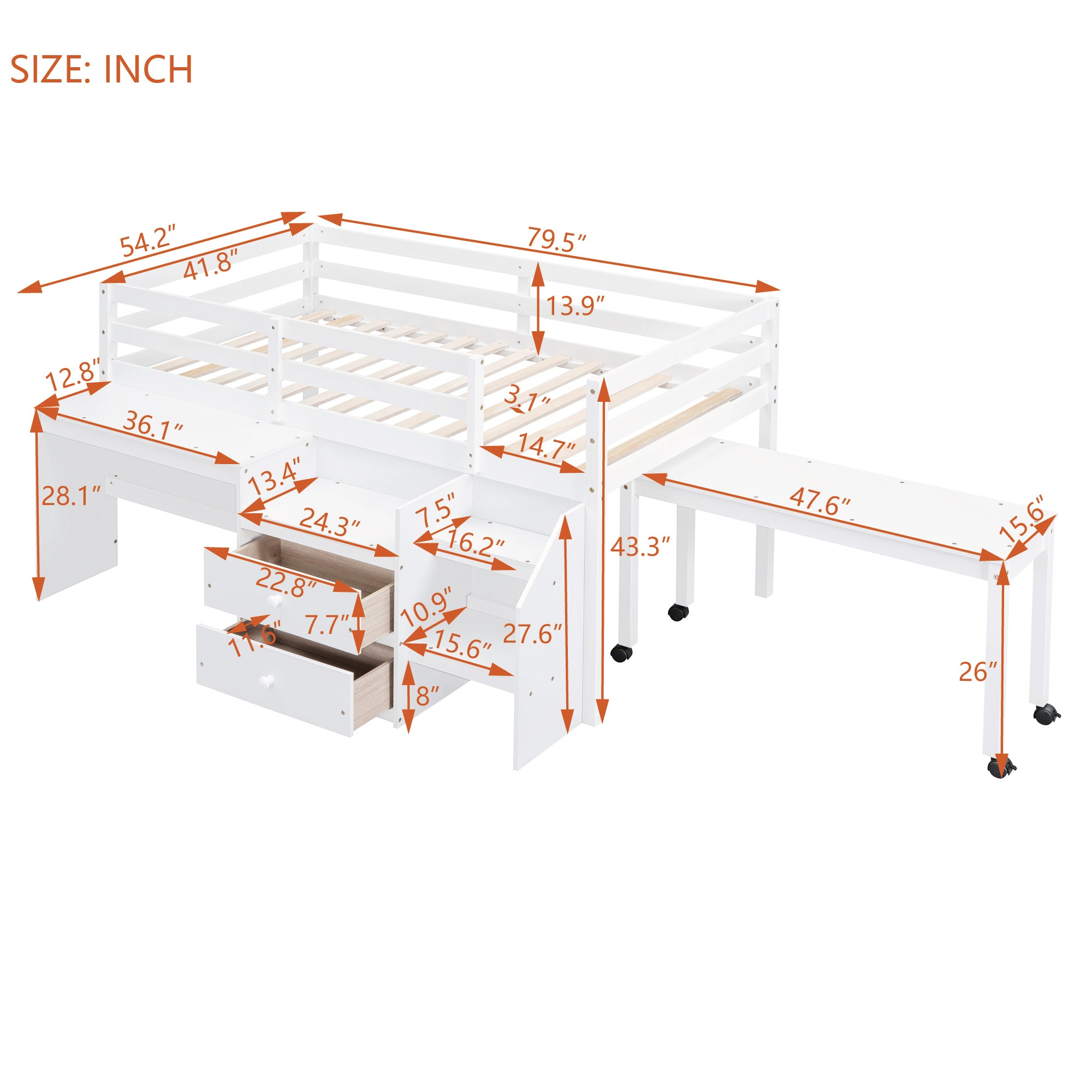 Twin Size Loft Bed with Desk and Drawers, Wooden Loft Bed with Lateral Portable Desk, White