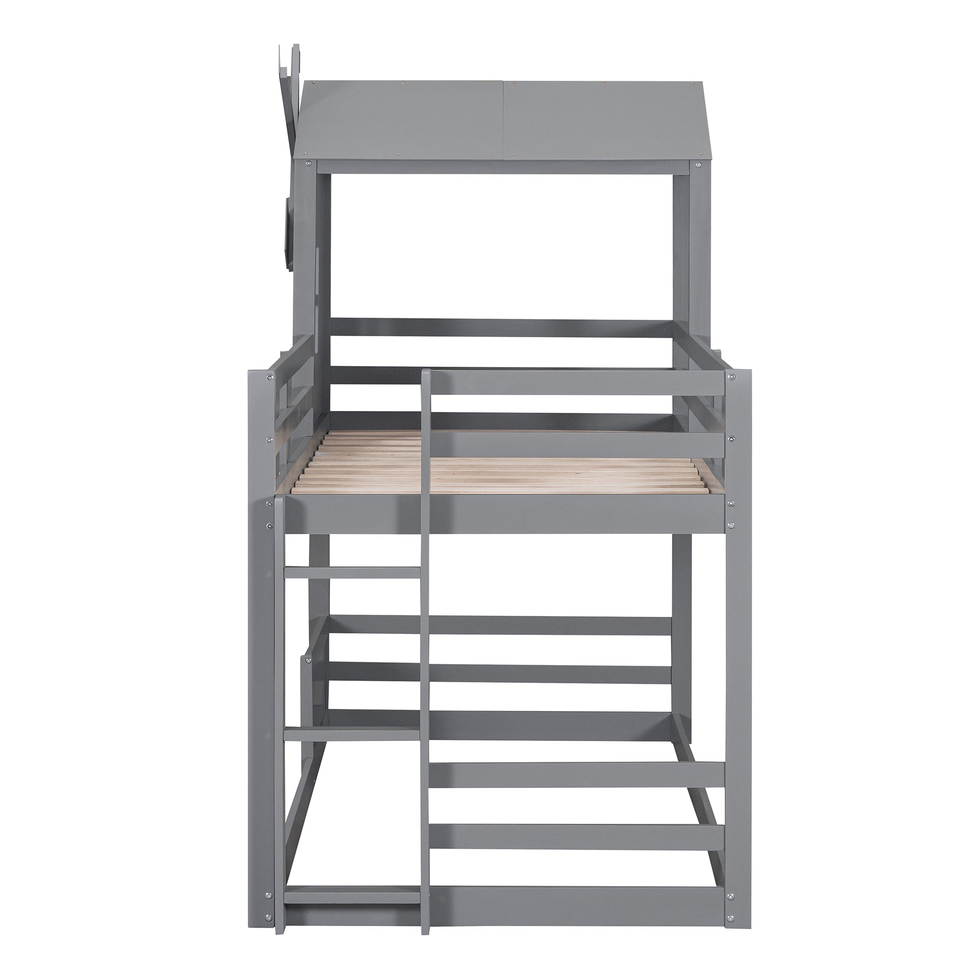 Twin over Twin Bunk Bed with Roof and Window, with Guardrails and Ladder, Gray