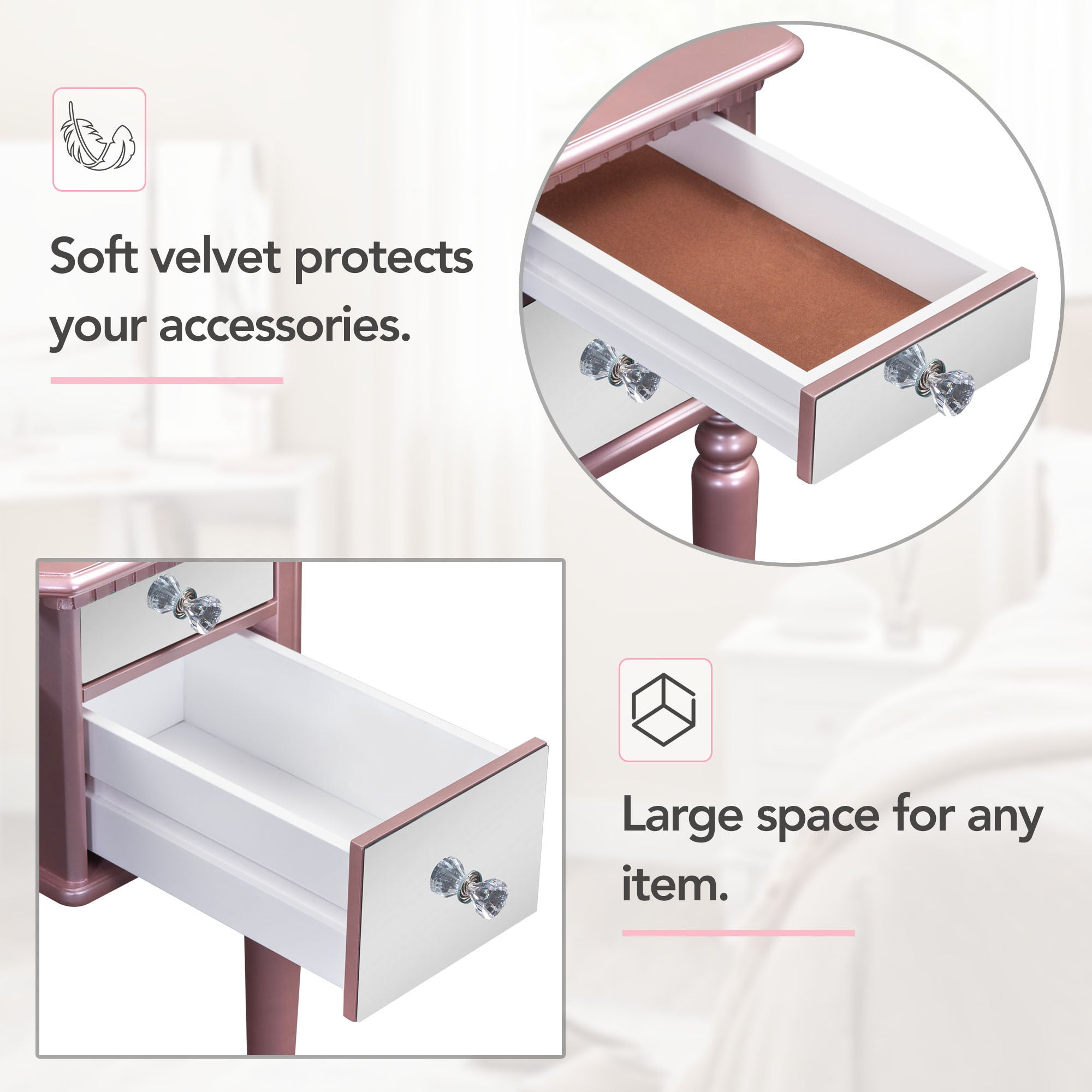 43" Dressing Table Set with Mirrored Drawers and Stool, Tri-fold Mirror, Makeup Vanity Set for Bedroom, Rose Gold