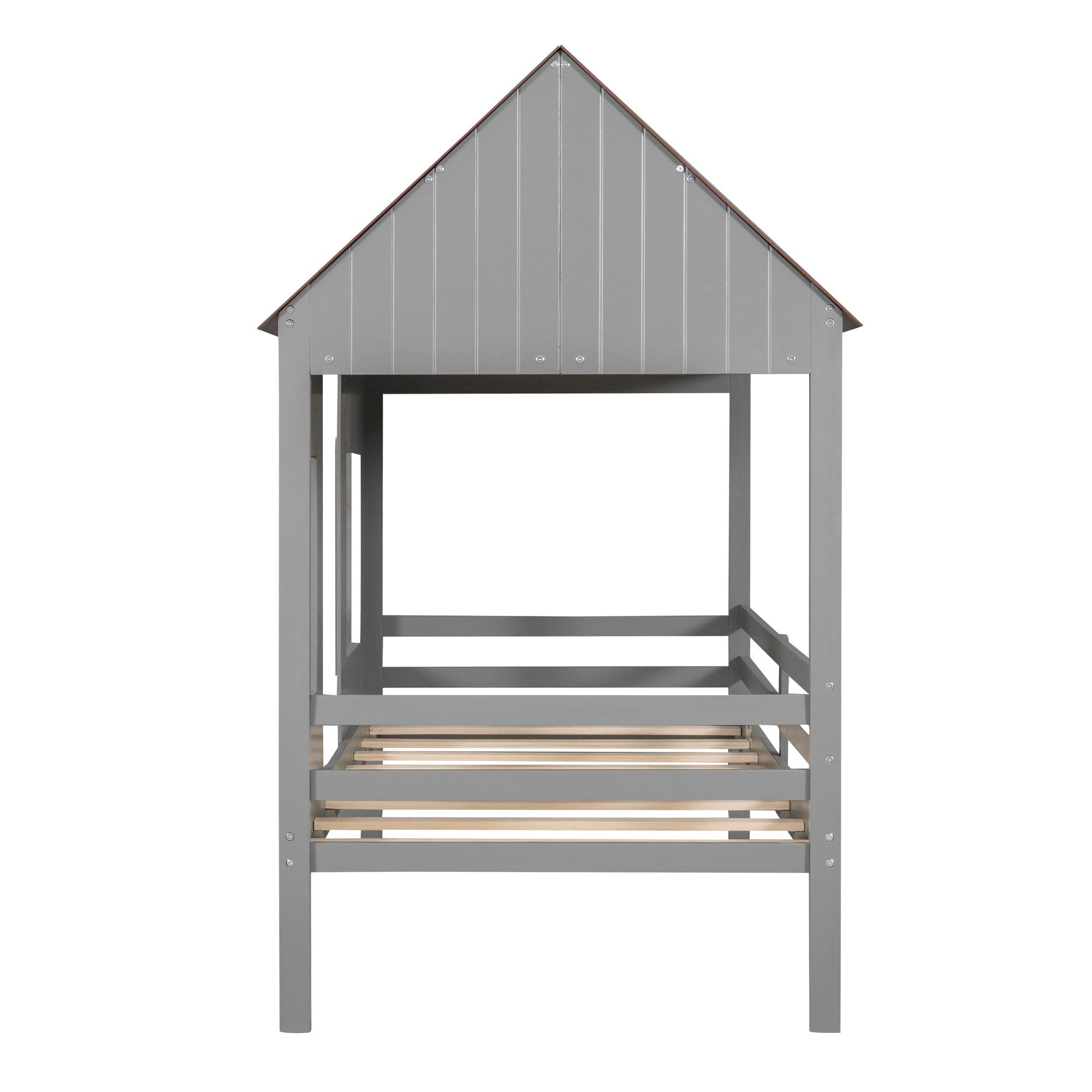 Twin Size Low Loft Wood House Bed with Two Front Windows, (Gray+ Brown)(OLD SKU:LP000039AAL)