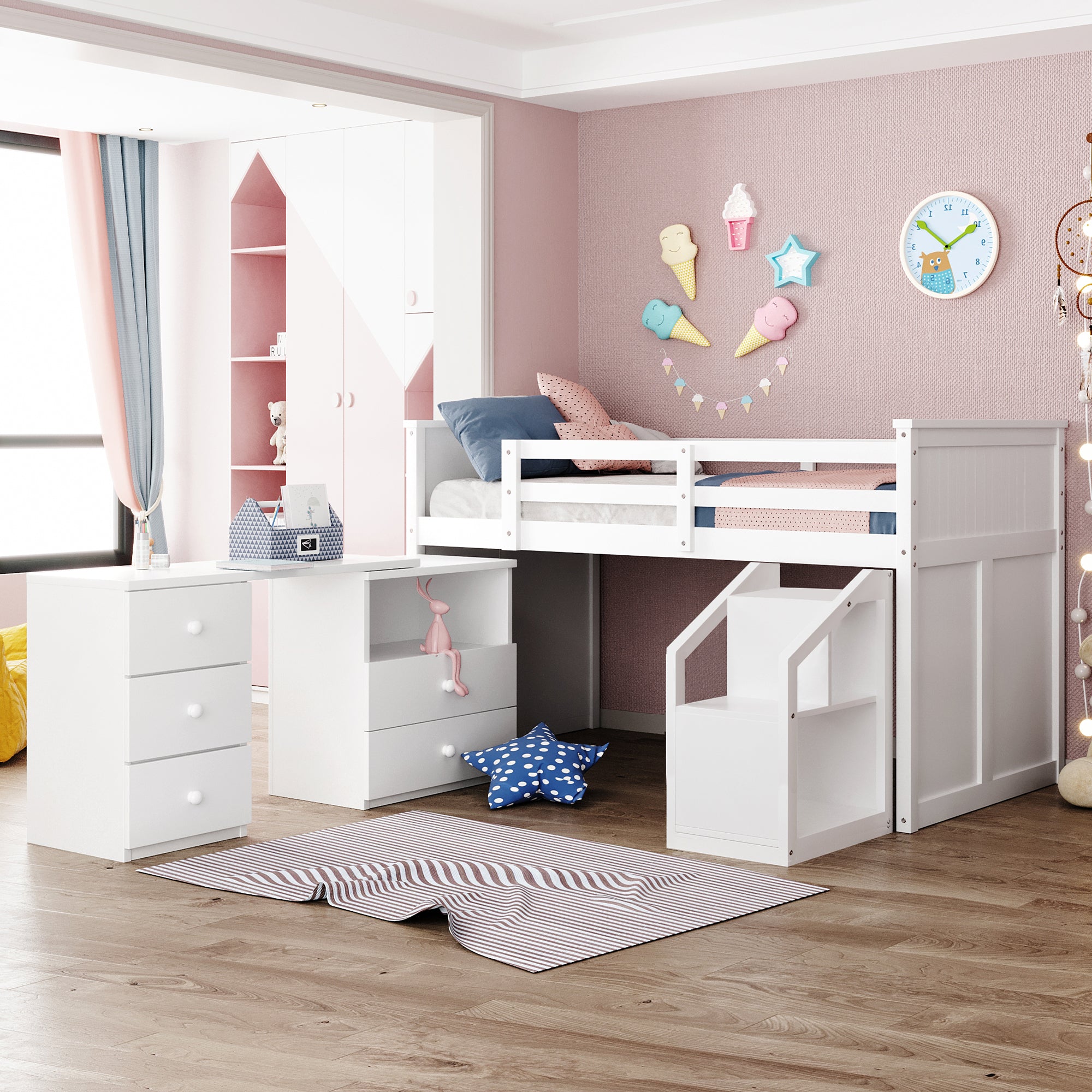 Loft Bed Low Study Twin Size Loft Bed With Storage Steps and Portable,Desk,White(OLD SKU: LT000101AAK)