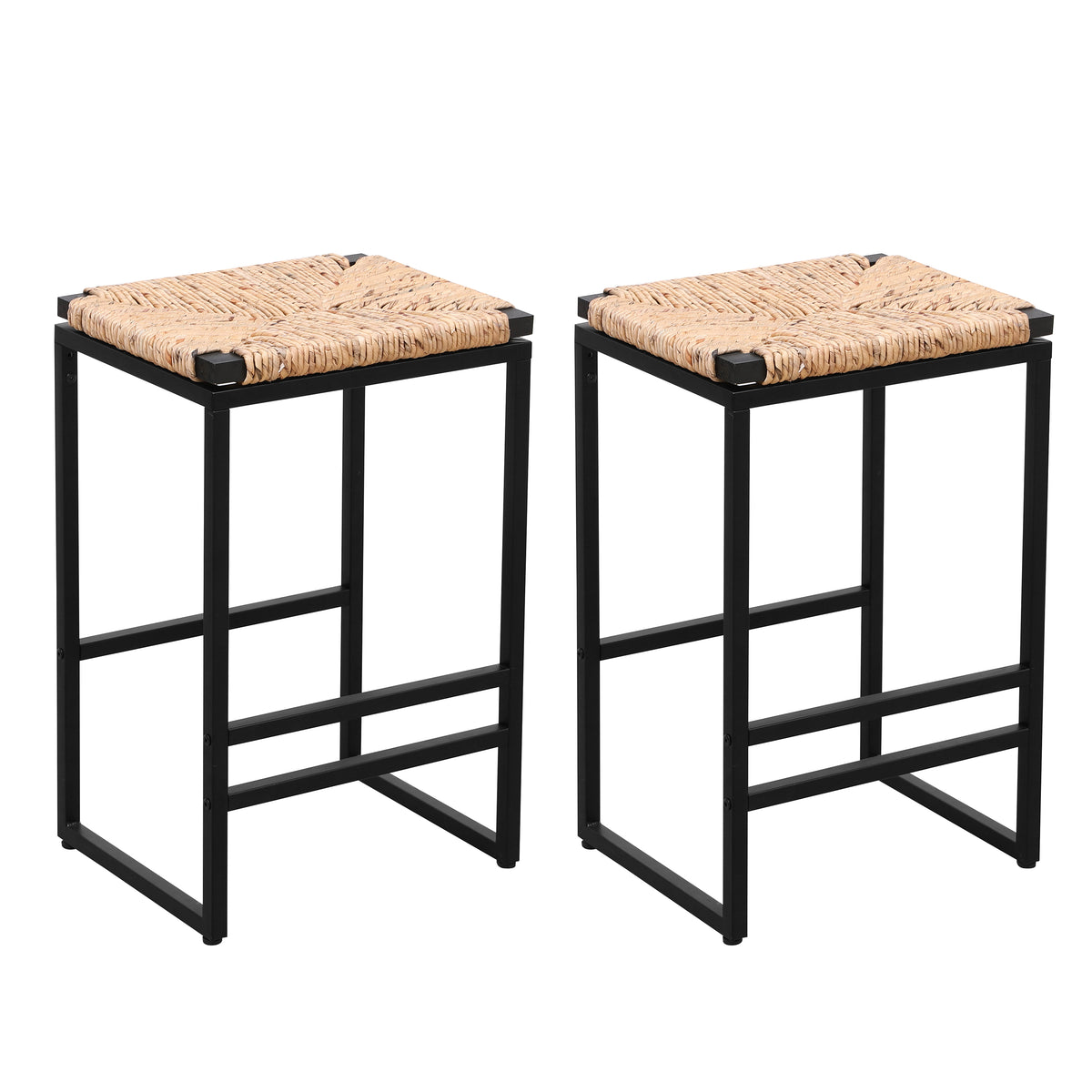 Set of 2 Water Hyacinth Woven Bar Stools for Kitchen Counter Water Hyacinth Grass Backless Barstools with Footrest (Water Hyacinth Backless)