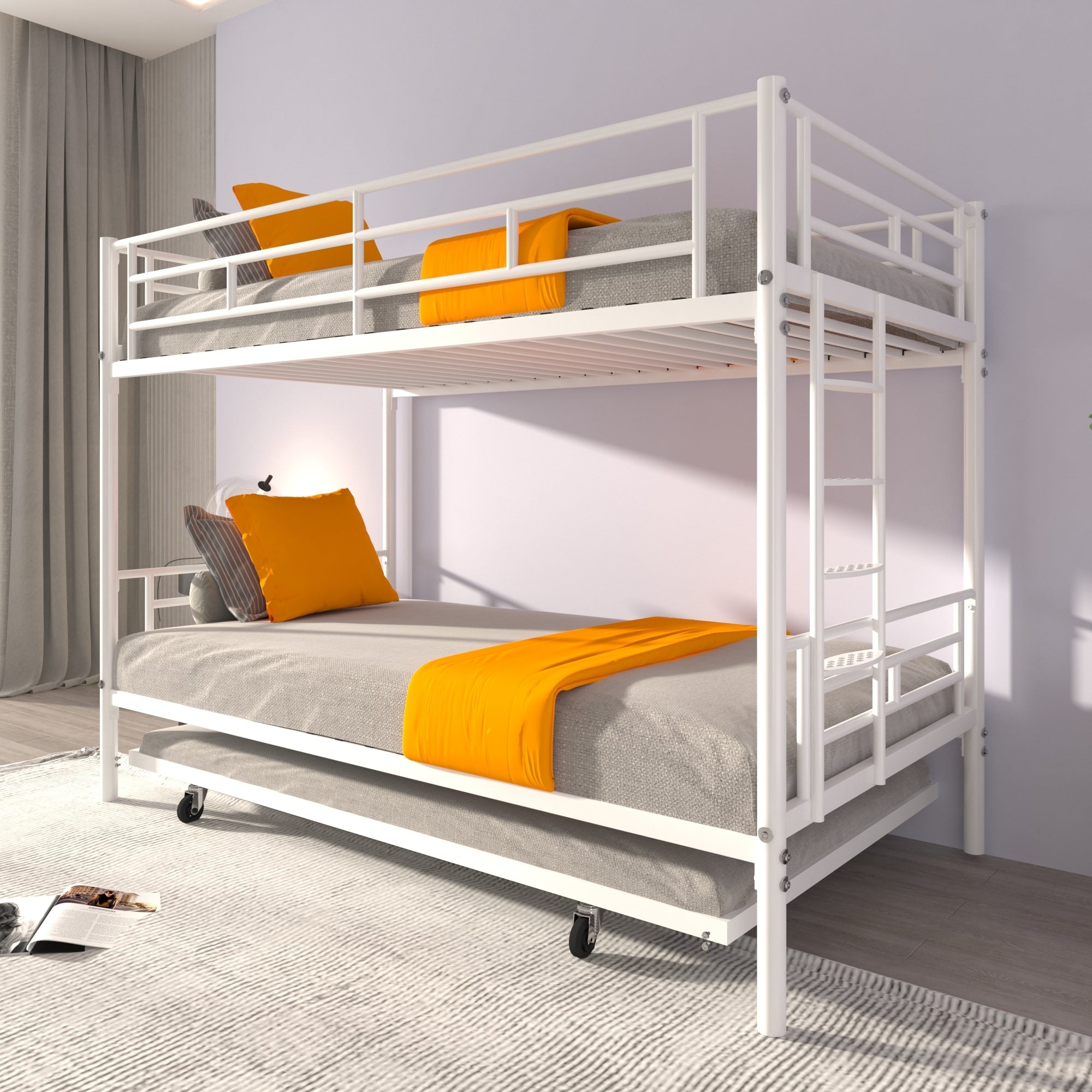 Bunk Bed Twin over Twin with Trundle White,CPC Certified,No Box Spring Needed,Heavy Duty,Easy to assemble
