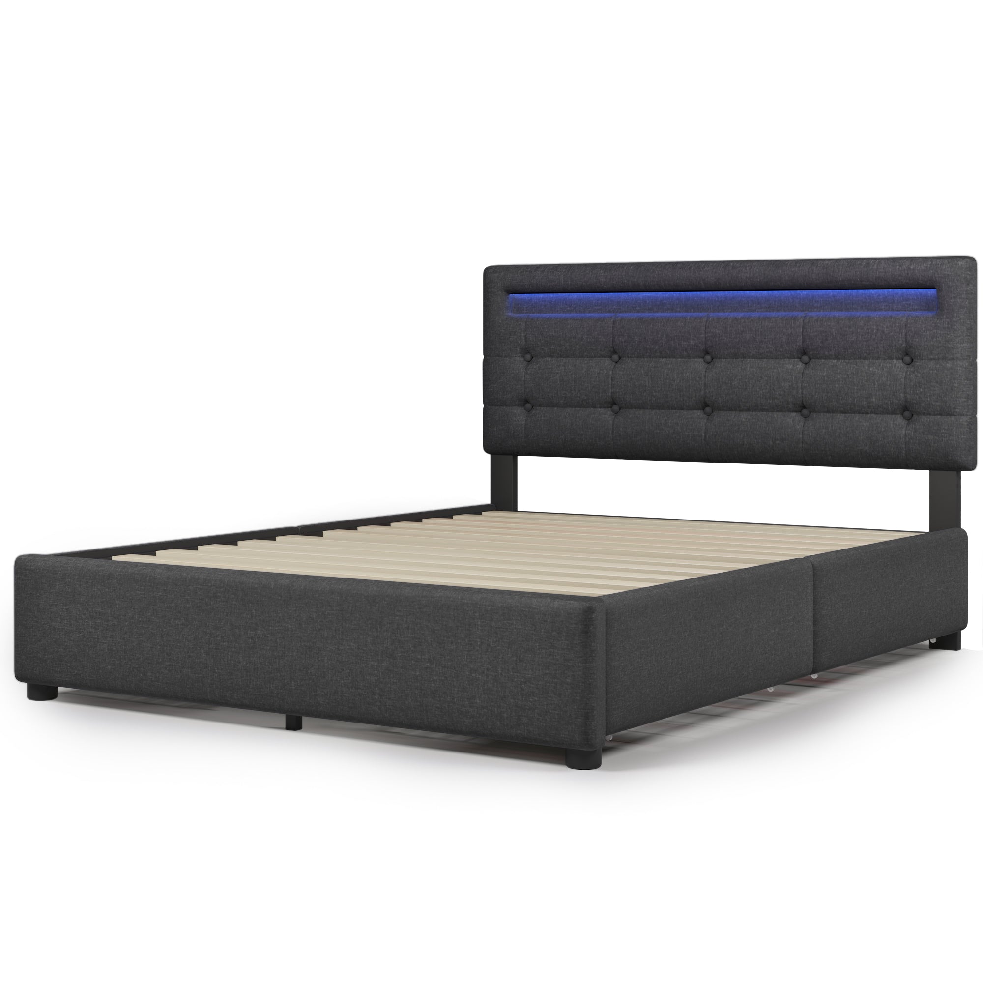 Bed Frame Full Size, Upholstered Platform Bed Frame with 4 Storage Drawers and LED Lights & Adjustable Headboard,No Box Spring Needed,Grey