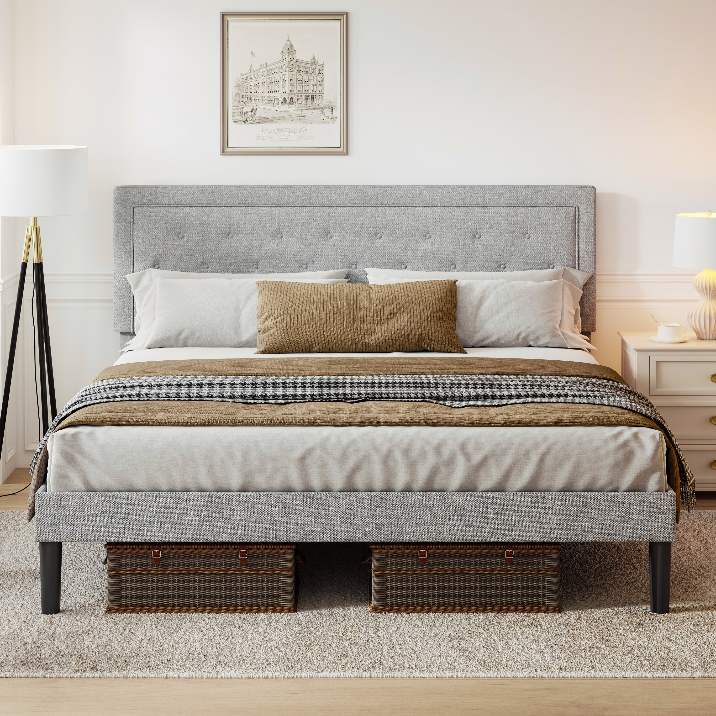 Light Grey Bed Frame with Adjustable Border Headboard King Size