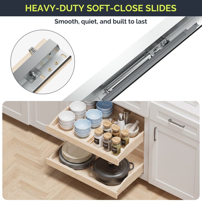 Wooden Pull-Out Cabinet Shelf Organizer with Soft Close Cabinet Drawers Slide Out for Kitchen Base Cabinet