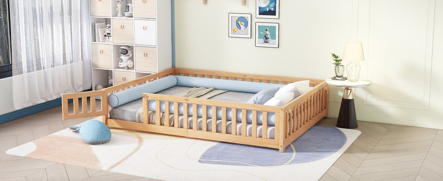 Queen Size Bed Floor Bed with Safety Guardrails and Door for Kids, Natural (Expect Arrival Date Nov.2nd)