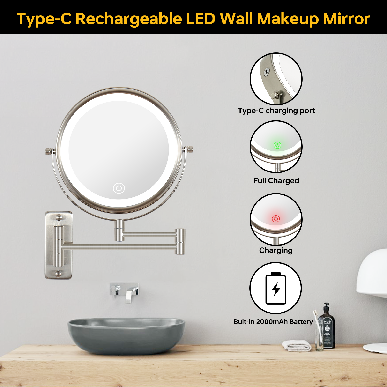 8 Inch Wall-Mounted Makeup Mirror, Double Sided 1x/10x Magnifying Makeup Mirror, 3 Colour Lights Touch Screen Dimmable Bathroom Mirror, 360° Swivel Vanity Mirror Built-In Battery (Brushed Nickel)