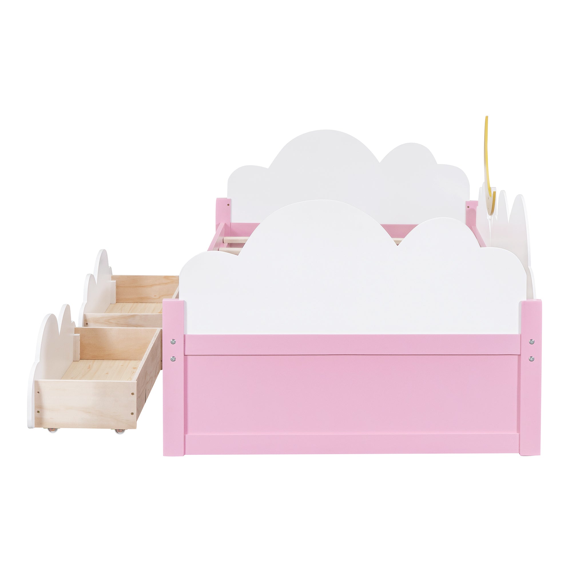 Twin Size Bed with Moon Decor, Platform Bed with 2 Drawers (White+Pink)