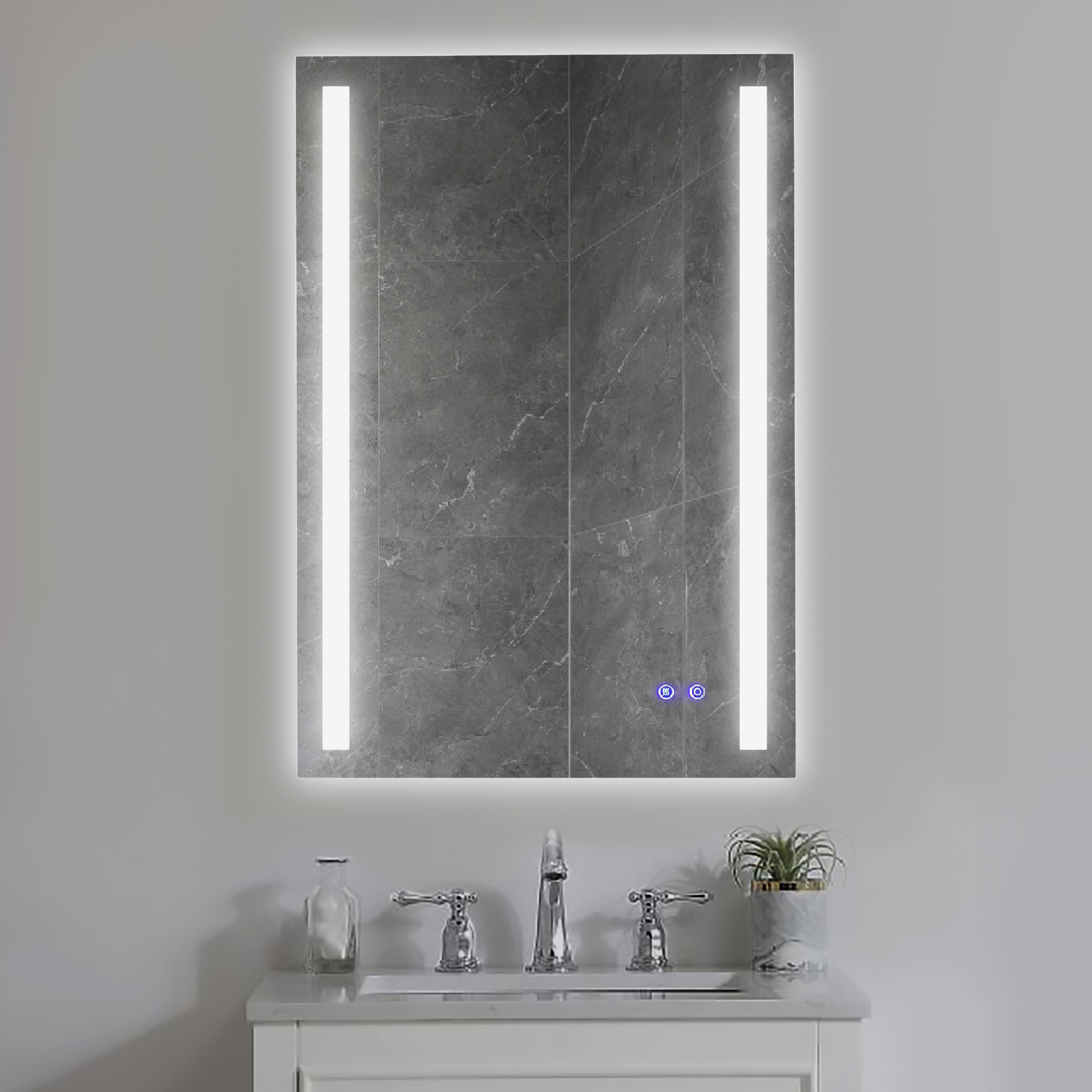 24 x 36 Inch Frameless LED Illuminated Bathroom Mirror, Touch Button Defogger, Metal, Vertical Stripes Design, Silver