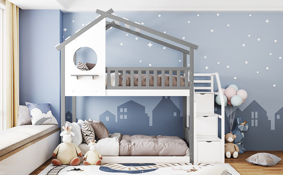 Stairway Twin-Over-Twin Bunk Bed,House Bed,Storage and Guard Rail,Gray Bed +White Stair