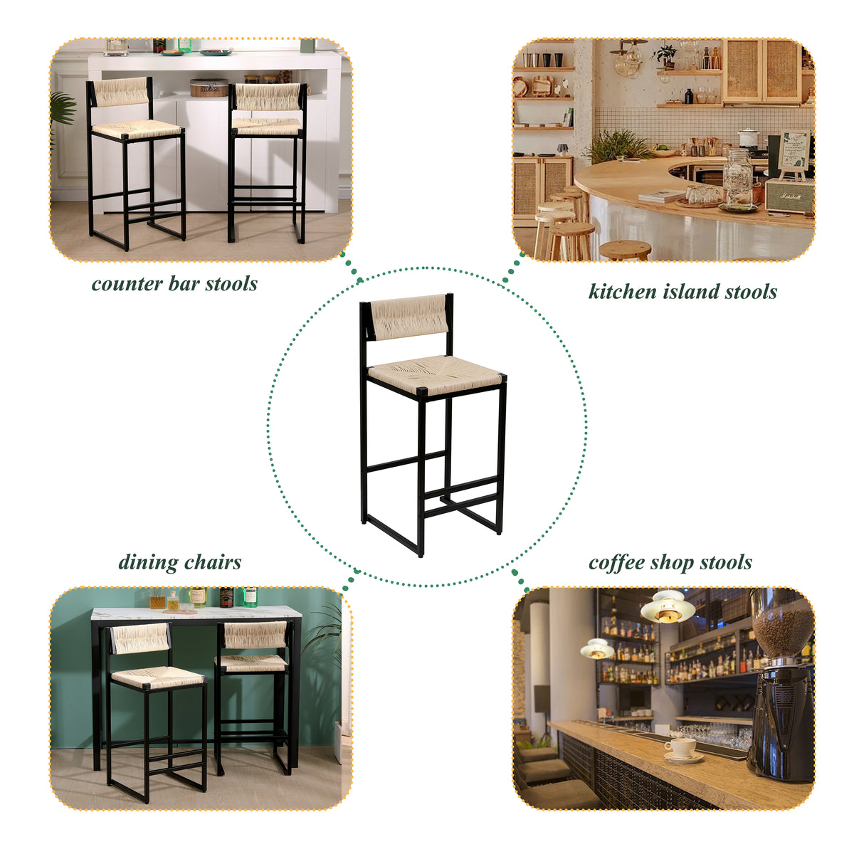 Creamy White Paper Rope Woven Bar Stools Set of 2 Hand Weave Counter Stool with footrest for Kitchen Island, Dining Room (Creamy White)