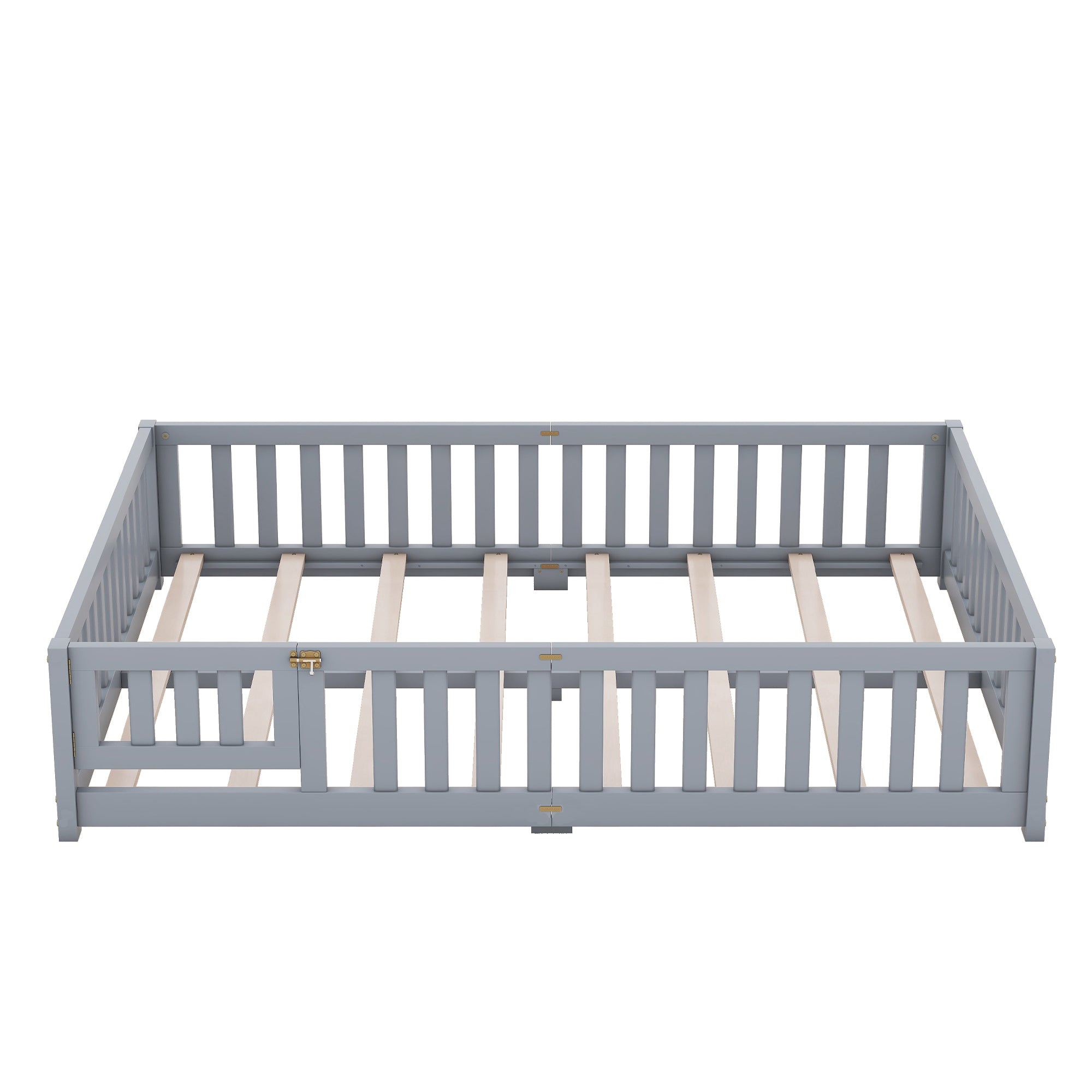 Queen Size Bed Floor Bed with Safety Guardrails and Door for Kids, Gray (Expect Arrival Date Nov.2nd)