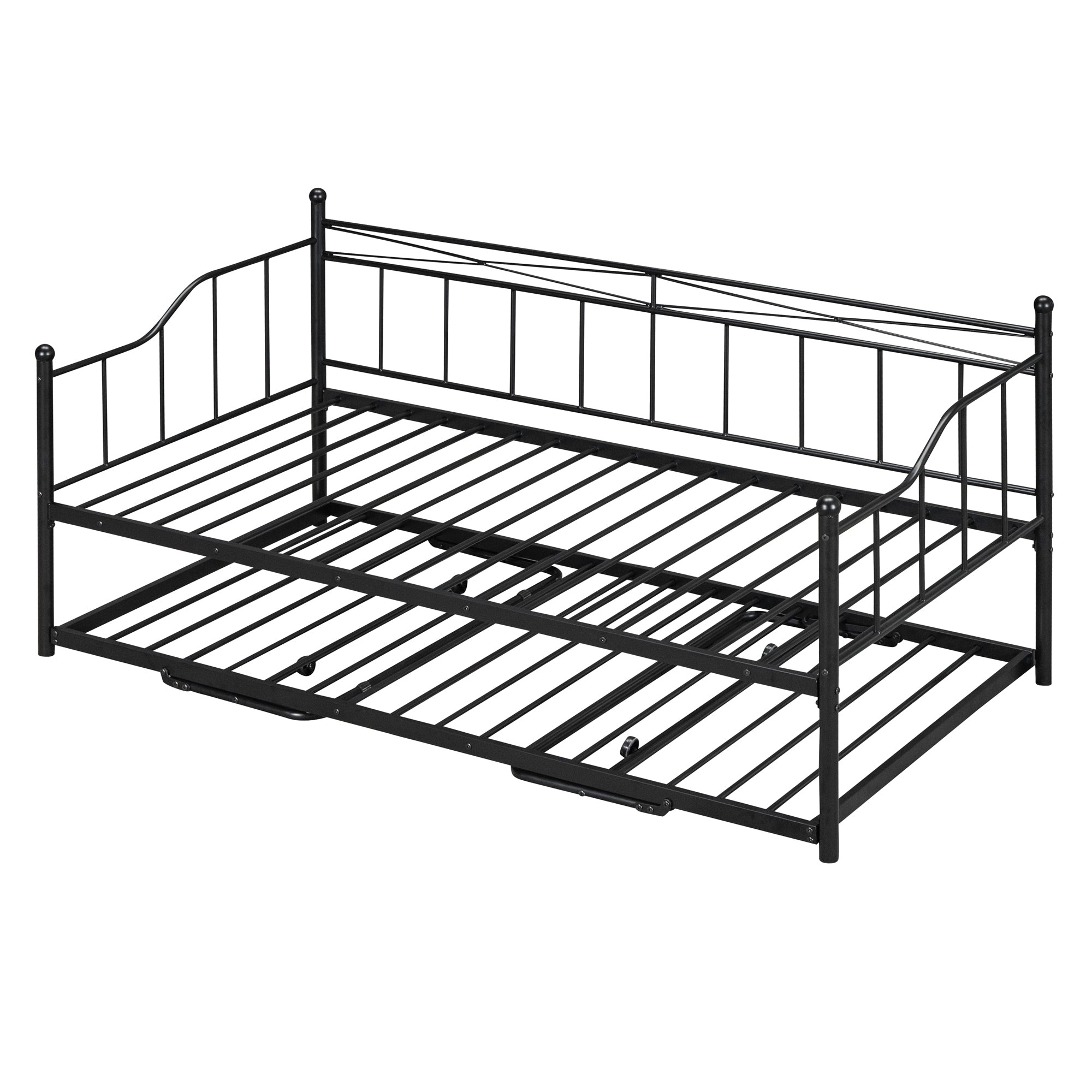 Twin Size Metal Daybed with Twin Size Adjustable Trundle, Portable Folding Trundle, Black