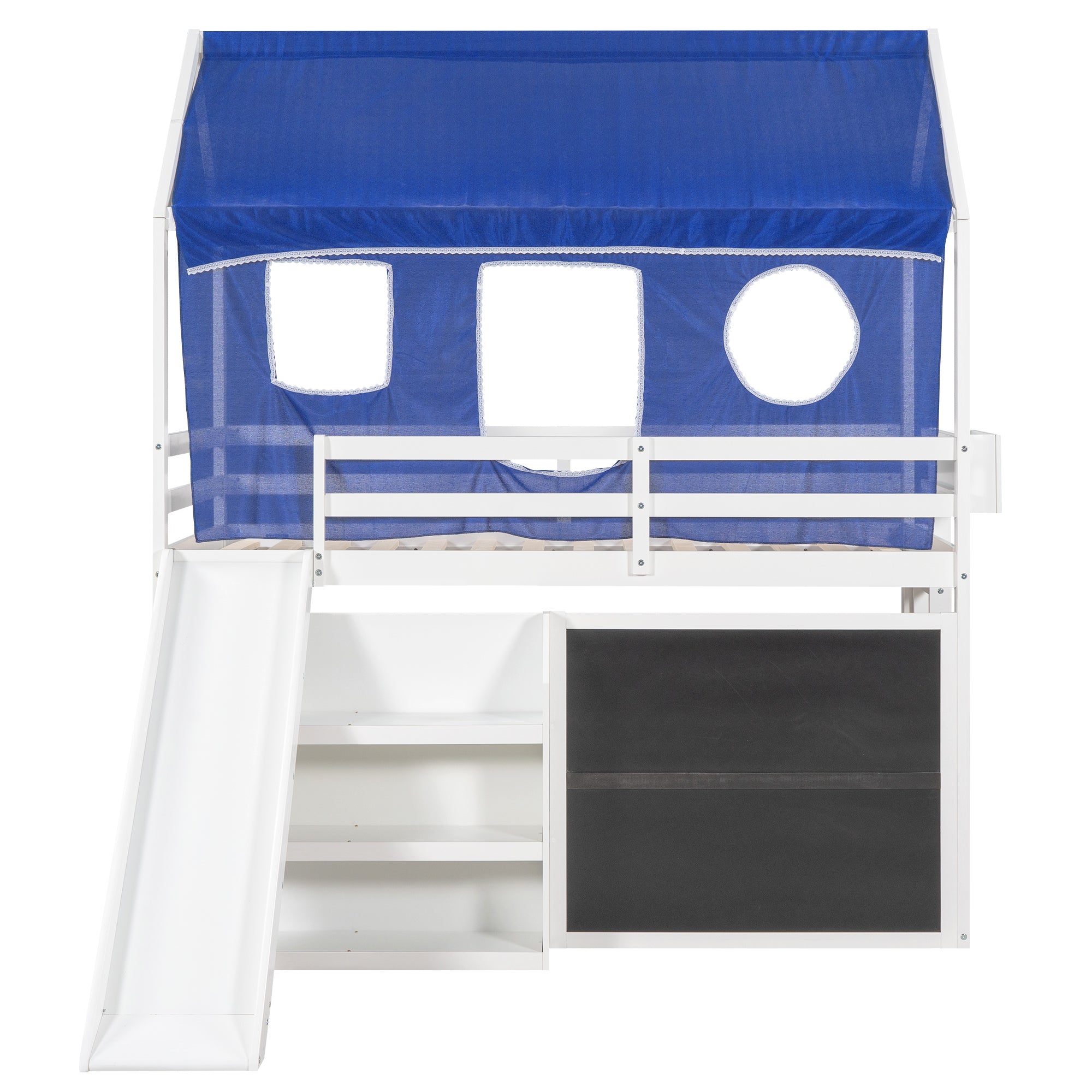 Twin over Twin House Bunk Bed with Blue Tent, Slide, Shelves and Blackboard, White