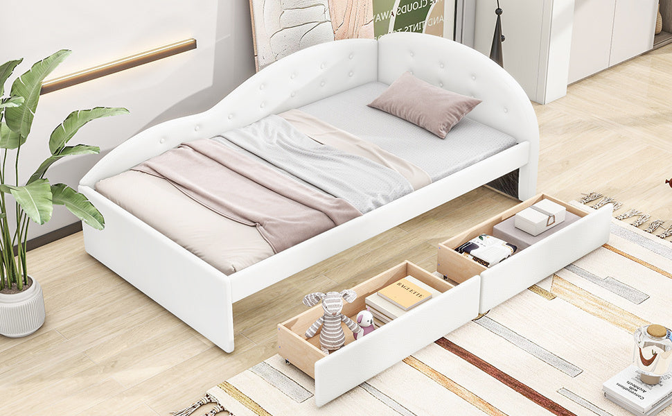 Twin Size PU Upholstered Tufted Daybed with Two Drawers and Cloud Shaped Guardrail, White