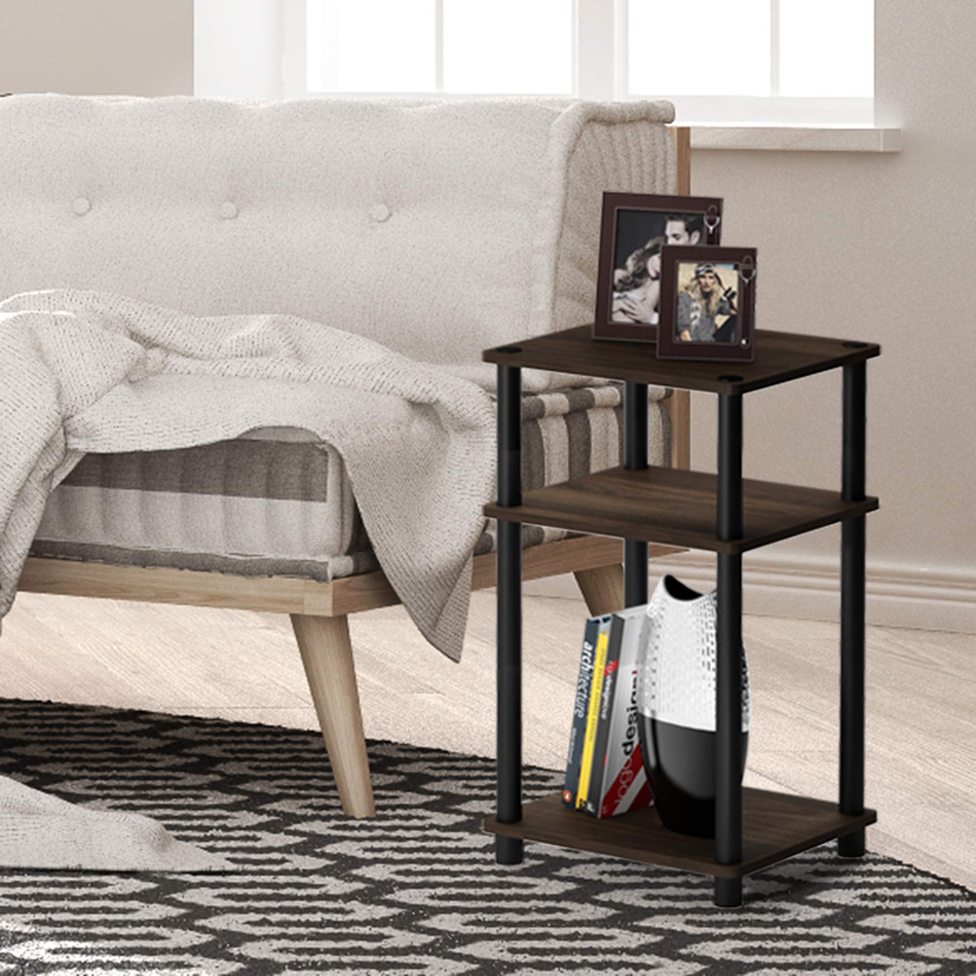 Furinno 3-Tier Reversible End Table Sofa Side Table W/Open Storage Shelf Bedside Nightstand Coffee Table,Columbia Walnut/Black