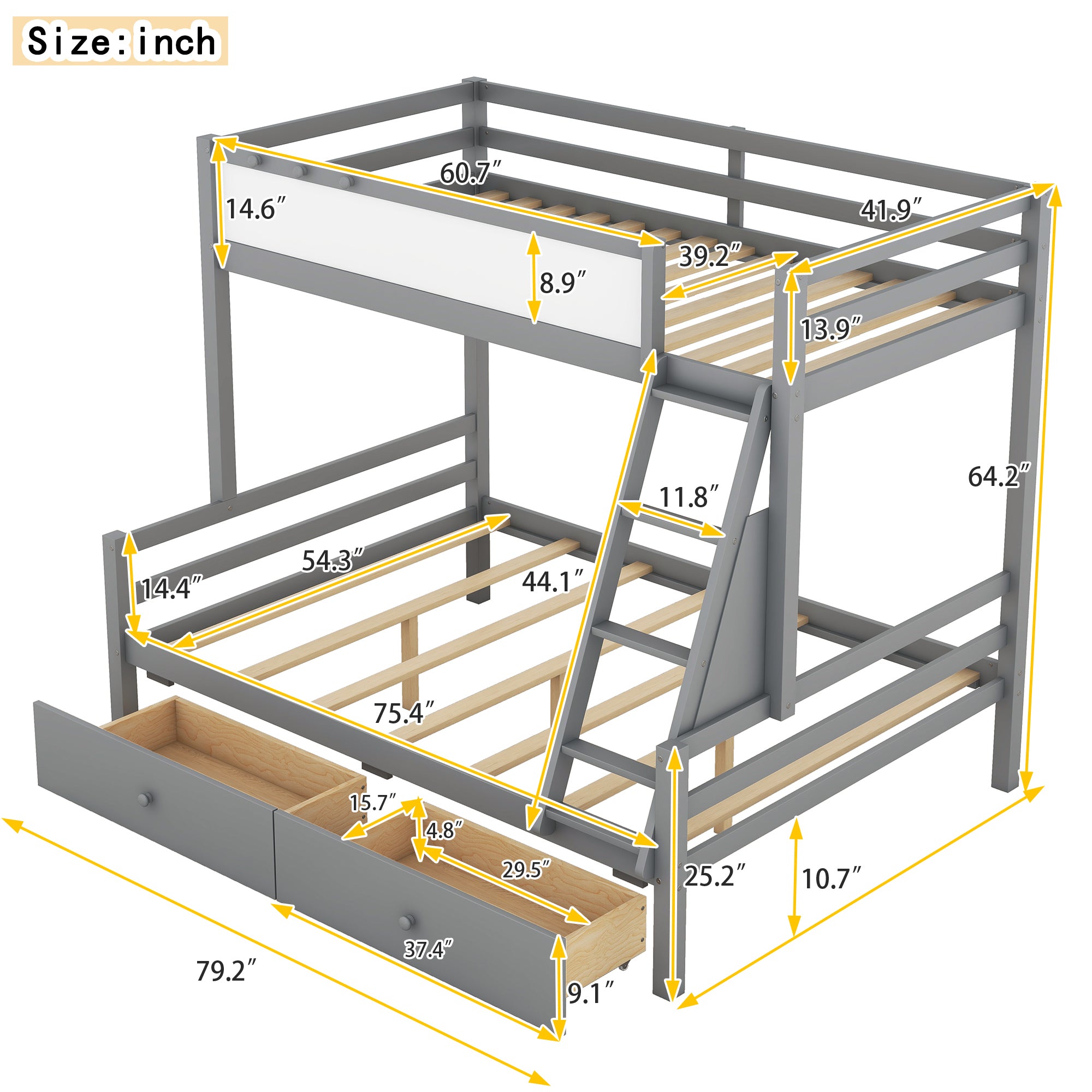 Wood Twin over Full Bunk Bed with Whiteboard, 3 Hooks and 2 Drawers, Grey