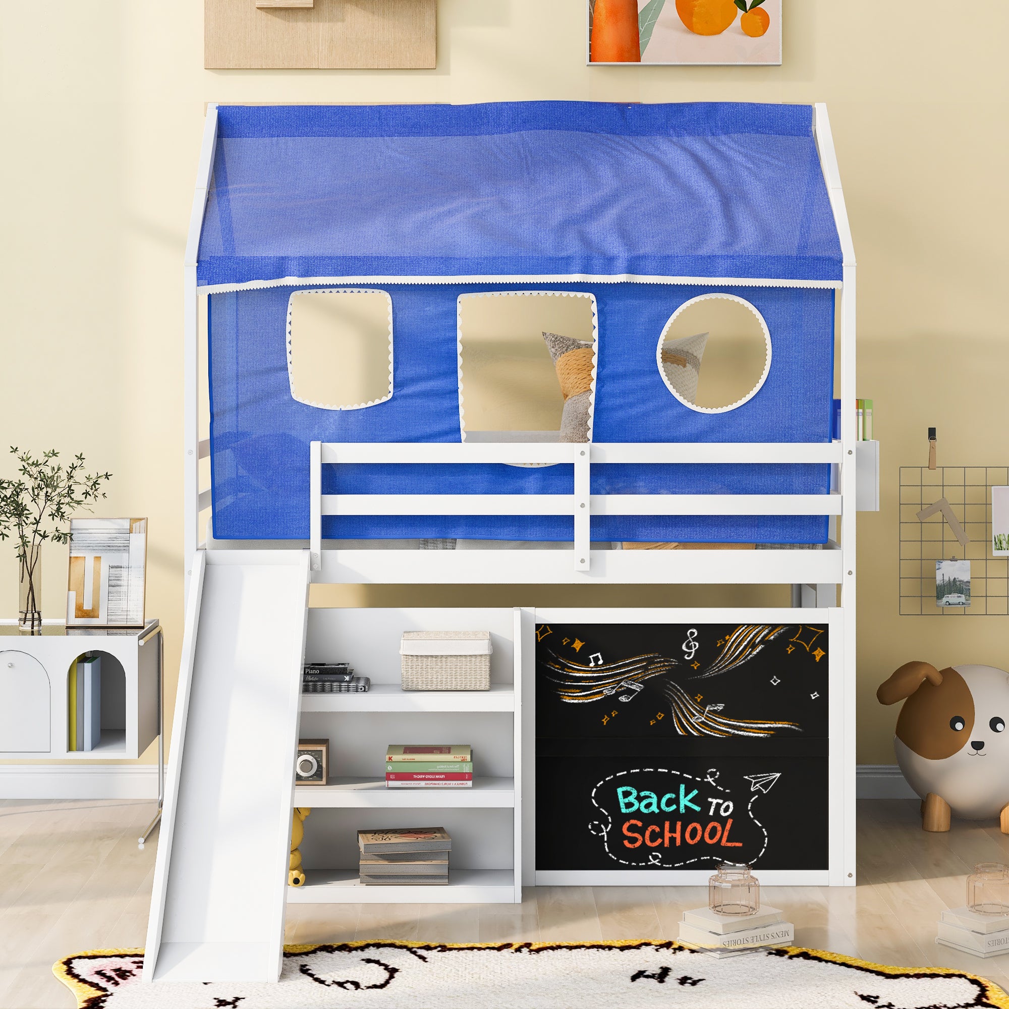 Twin over Twin House Bunk Bed with Blue Tent, Slide, Shelves and Blackboard, White