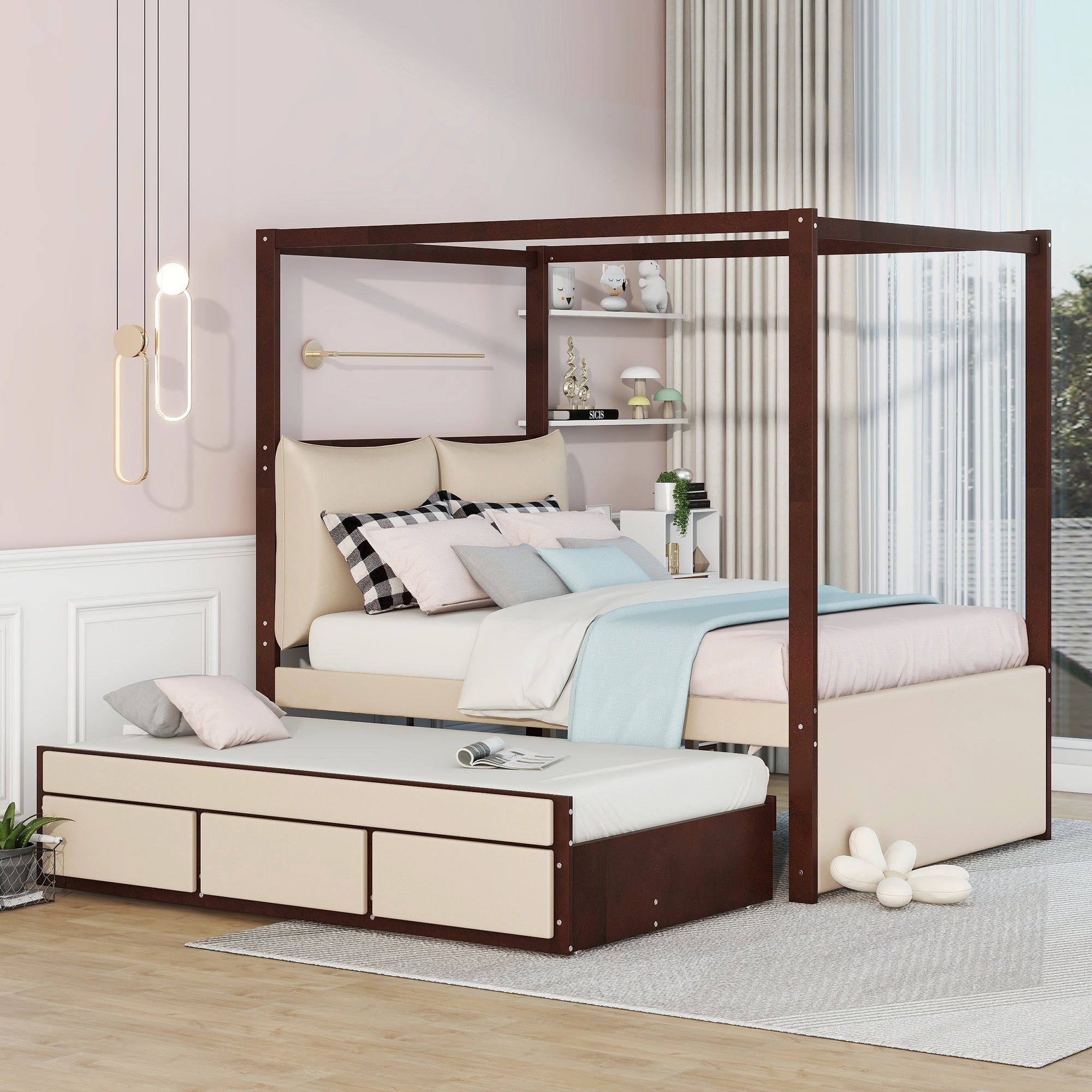 Full Size Upholstered  Canopy Bed with Trundle and 3 Drawers, Beige
