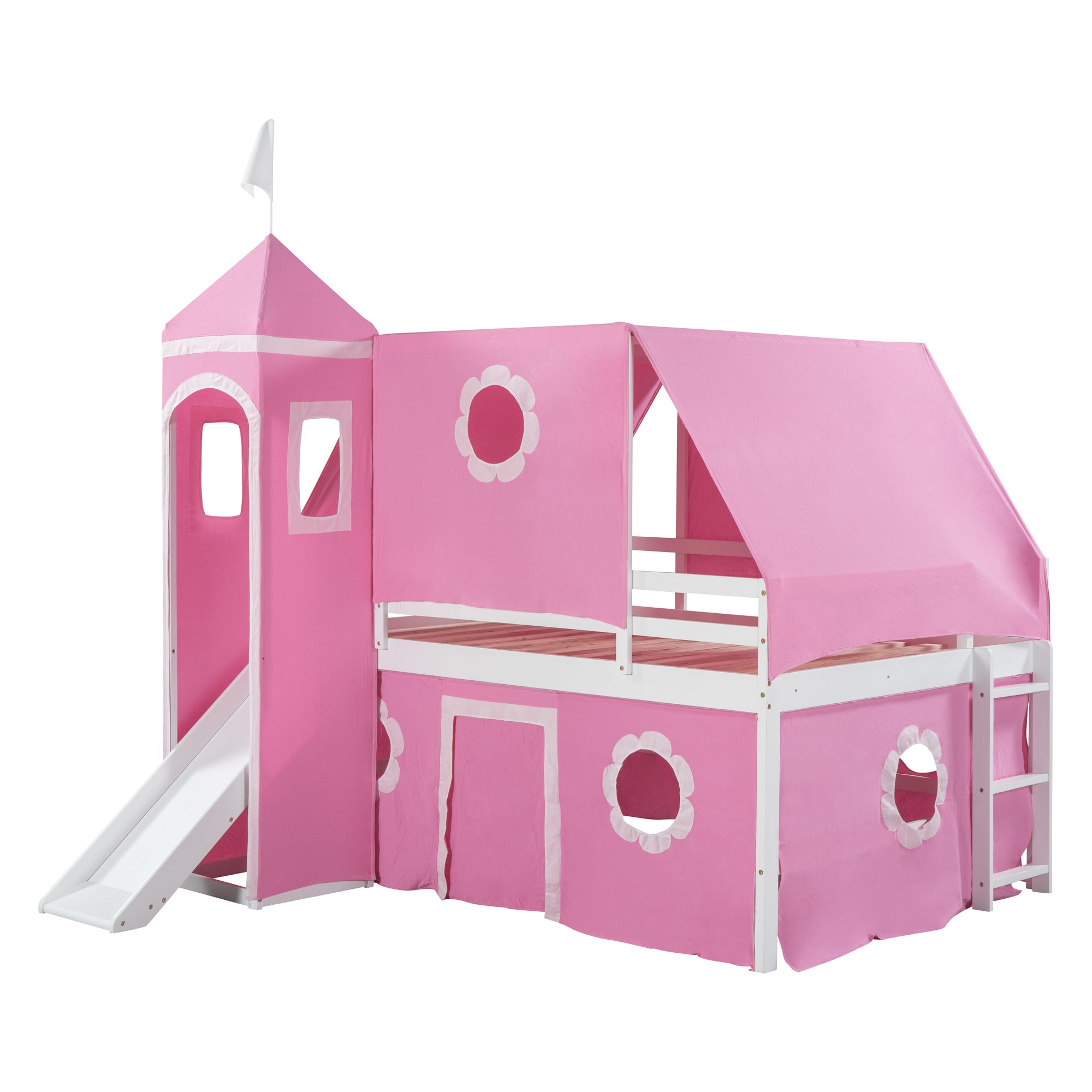 Full Size Bunk Bed with Slide Pink Tent and Tower - Pink