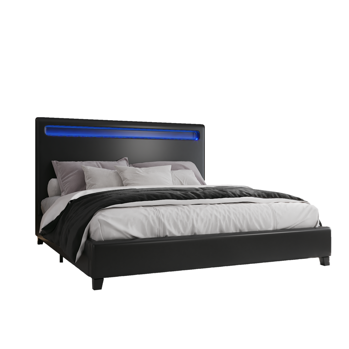 Queen Size Faux Leather Upholstered Platform Bed Frame with LED lighting, Wood Slat Support, No Box Spring Needed, Black