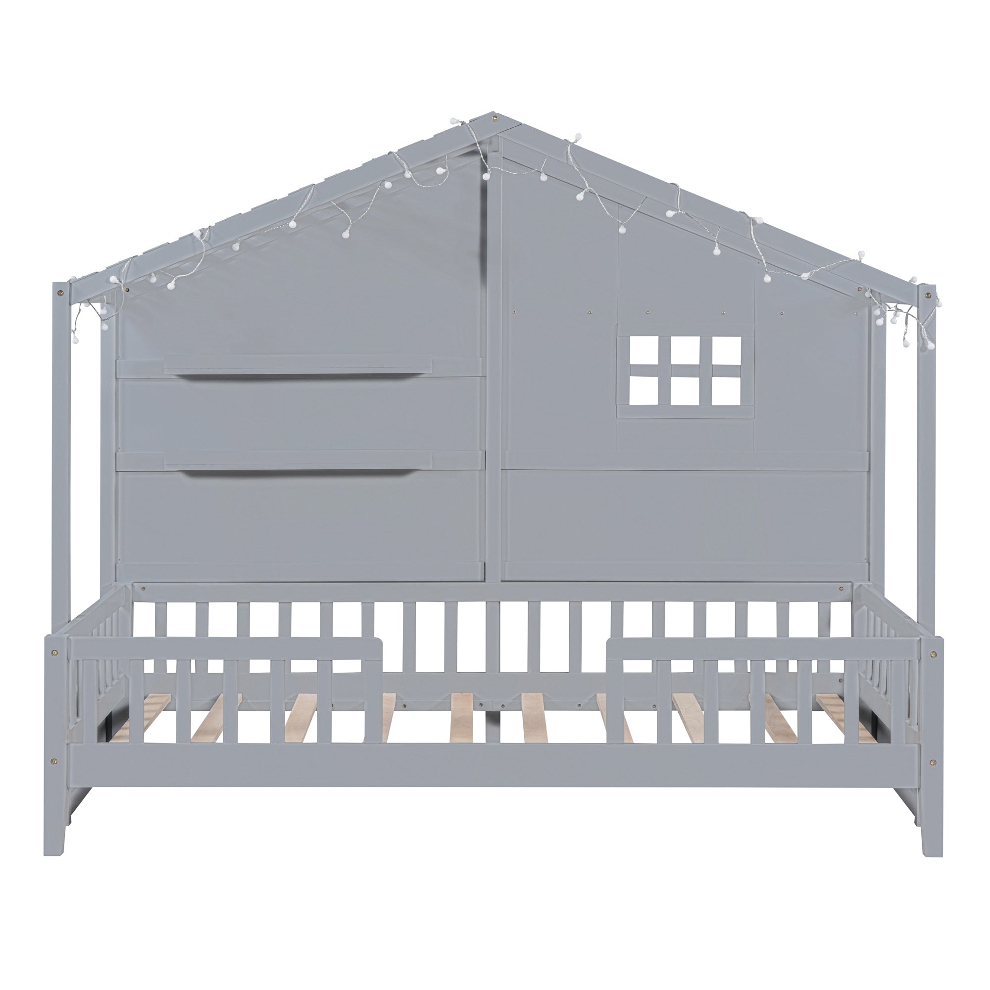 Twin Size House Bed with Shelves, House Bed with Window and  Sparkling Light Strip on the Roof, Gray