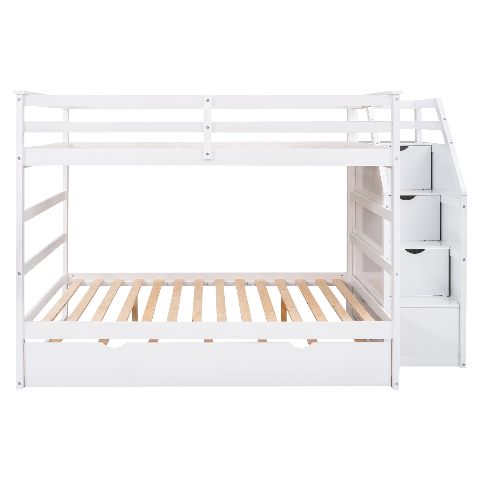 Full-over-Full Bunk Bed with Twin Size Trundle and 3 Storage Stairs,White