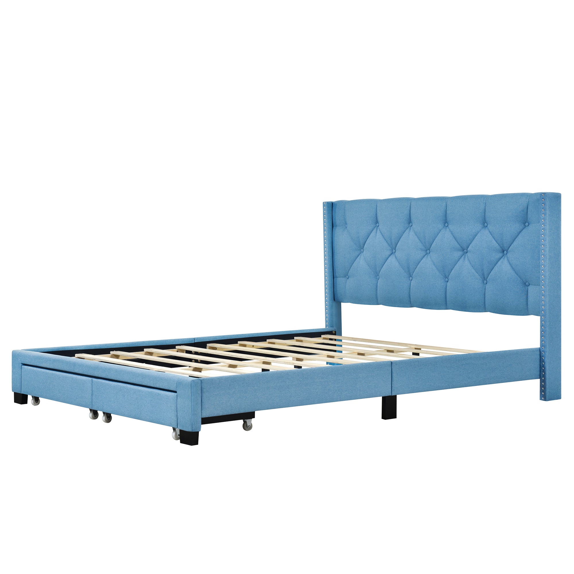 Queen Size Storage Bed Linen Upholstered Platform Bed with Two Drawers - Blue