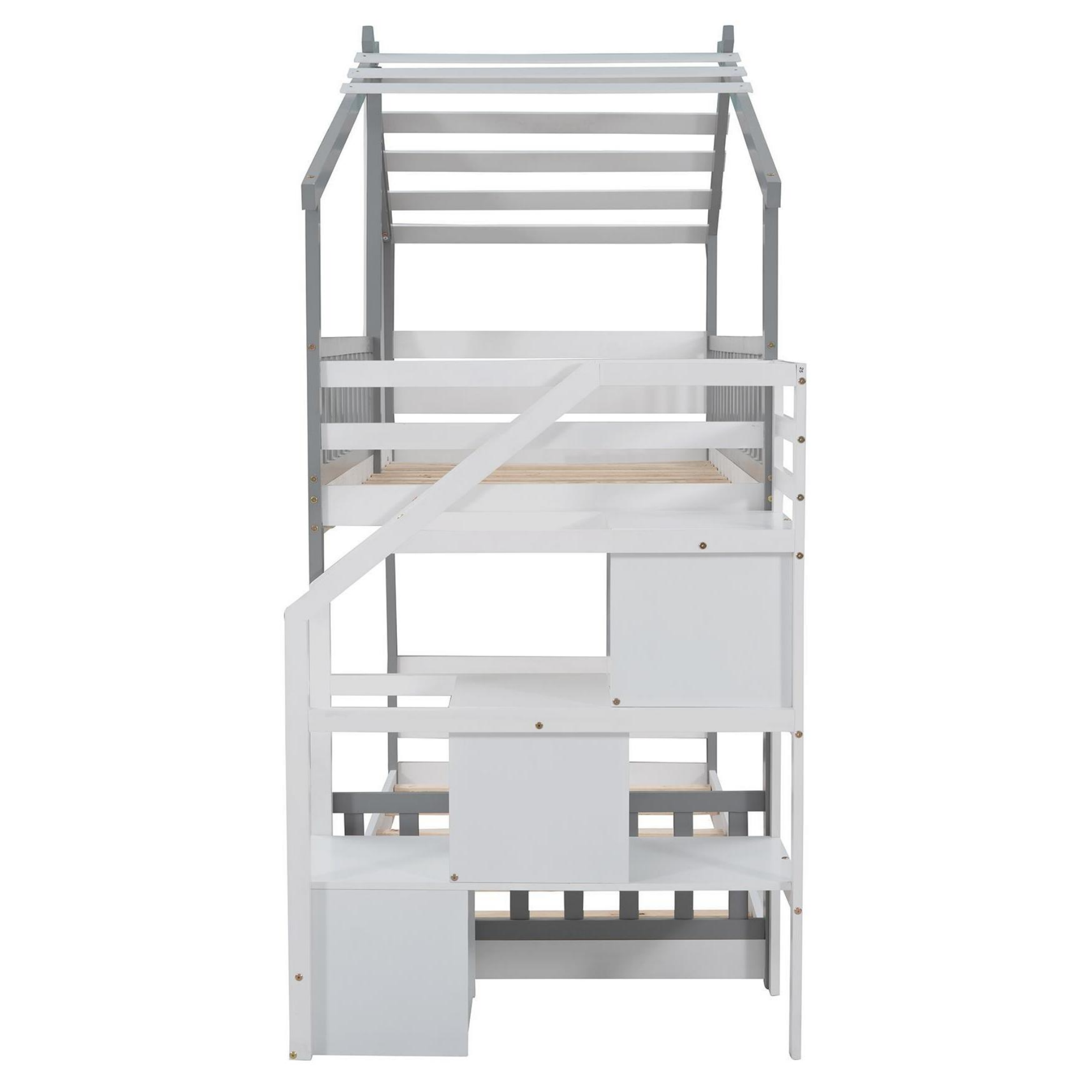 Stairway Twin-Over-Twin Bunk Bed,House Bed,Storage and Guard Rail,Gray Bed +White Stair