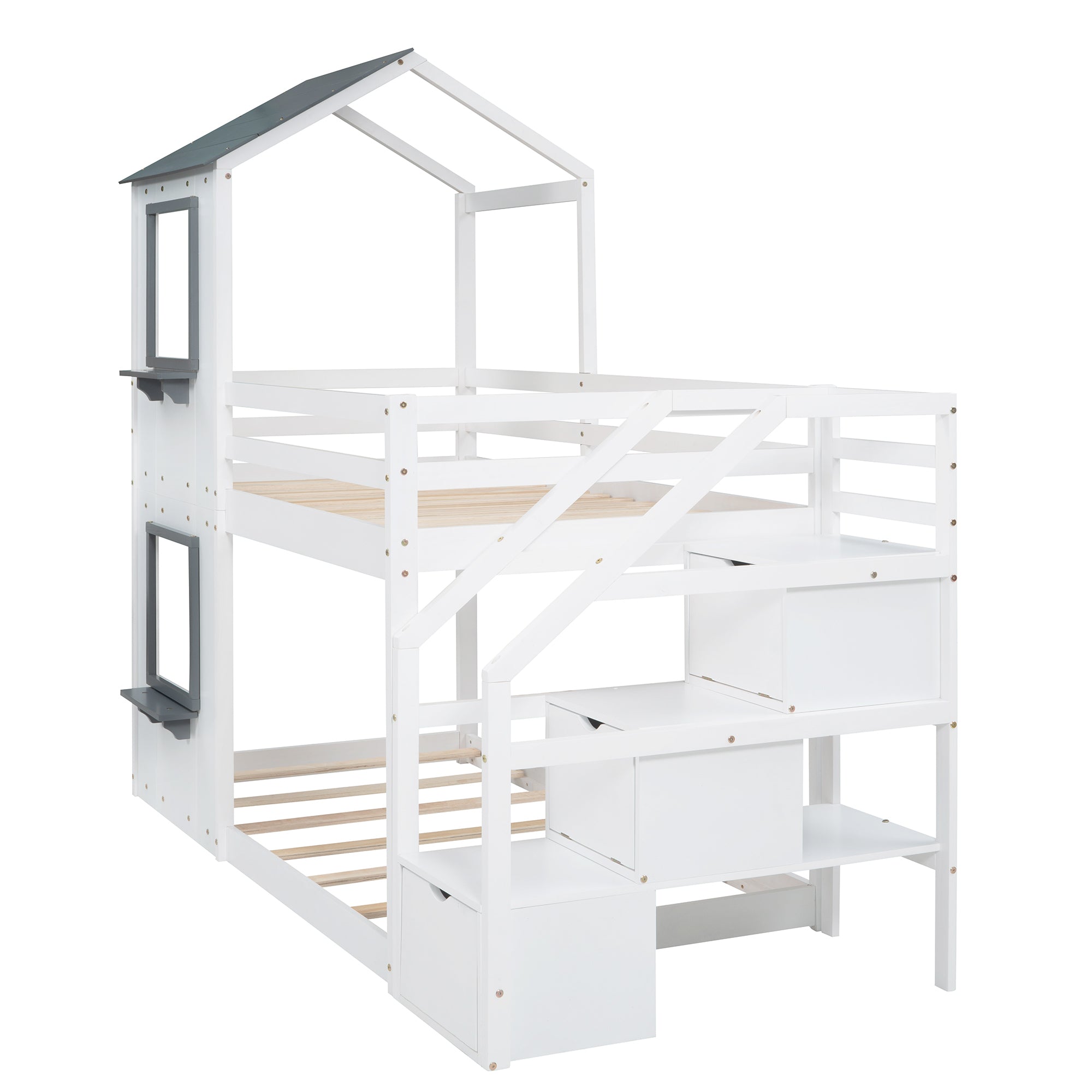 Twin Over Twin Bunk Bed with Storage Stairs,Wood Bed with Roof, Window, Guardrail, Ladder, White
