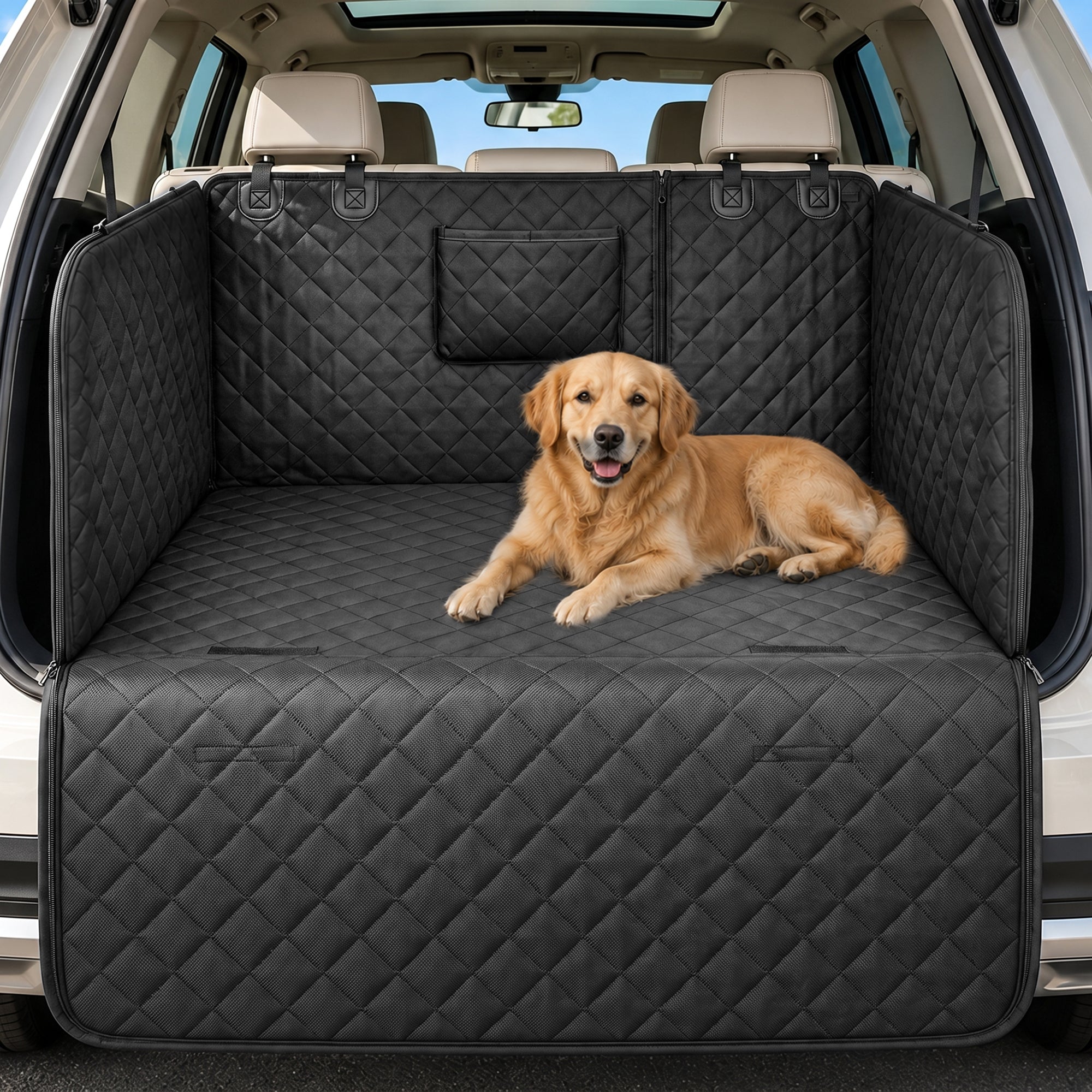 Waterproof Non-Slip SUV Cargo Cover Dog Scratcher Pad with Cushioned Sides, Black