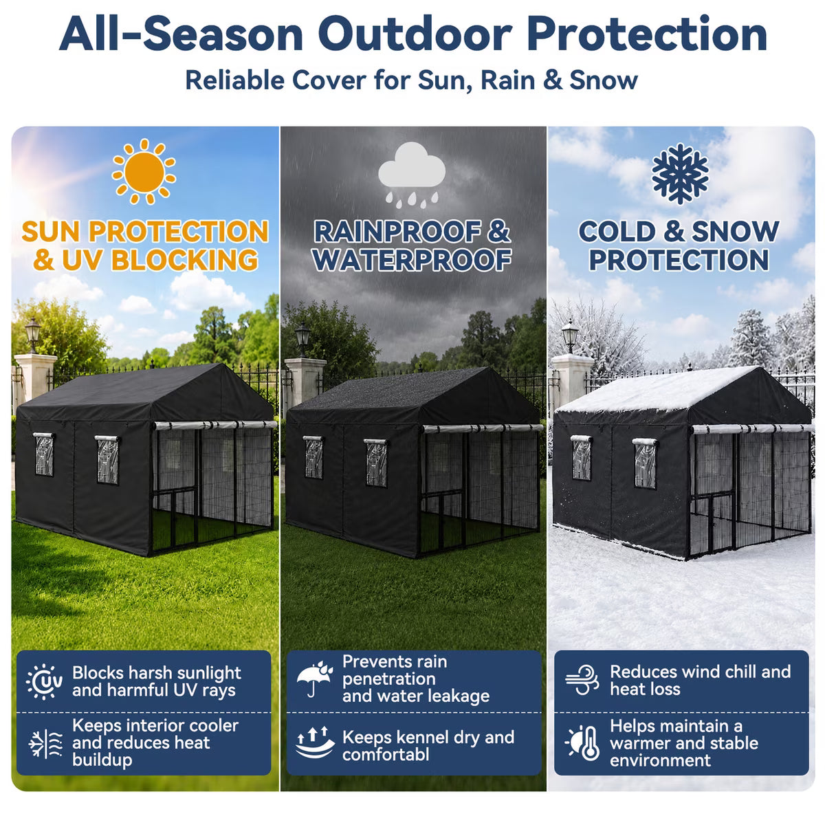 Outdoor 600D Oxford Fabric Waterproof Tarp Shelter Shade Cover Replacement Part Dog Kennel Accessory, Black, 10 x 10 x 7-in