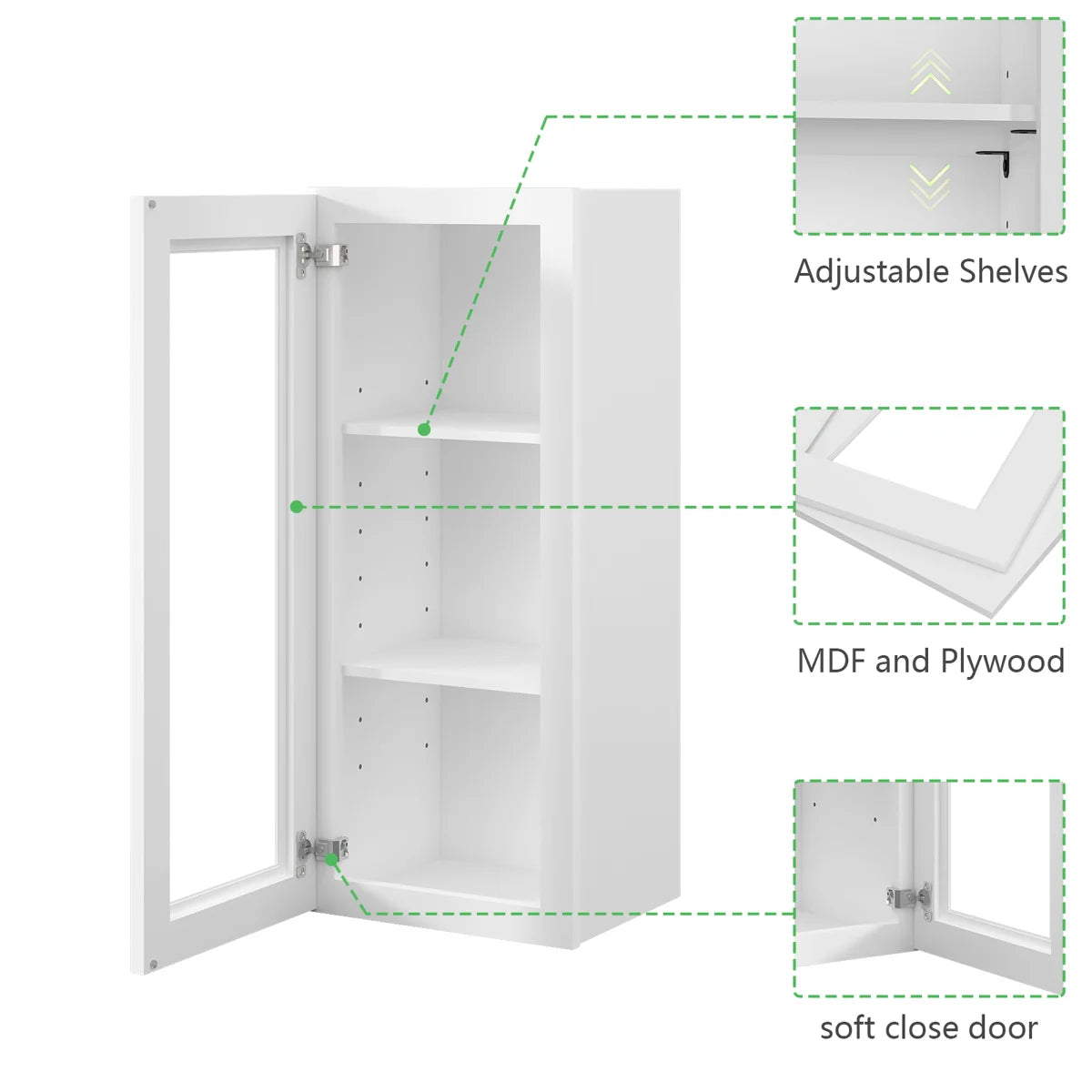 15"W * 36"H * 12"D Shaker White Glass Wall Kitchen Cabinet